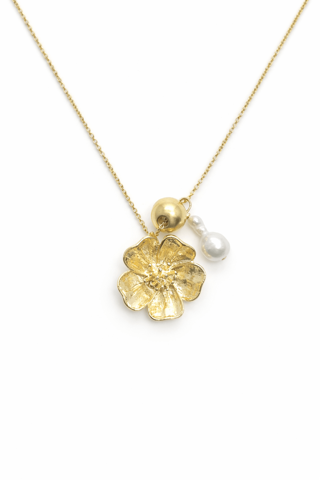 Collier long fleur Aya - plaqué or et perle de culture