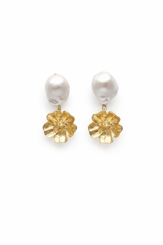 Boucles d'oreilles Aya fleur - Plaqué or & perle de culture baroque