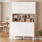 Buffet haut cuisine, armoire de cuisine, 6 portes, tiroir et étagères ouvertes, 120x40x175cm, blanc et bois naturel