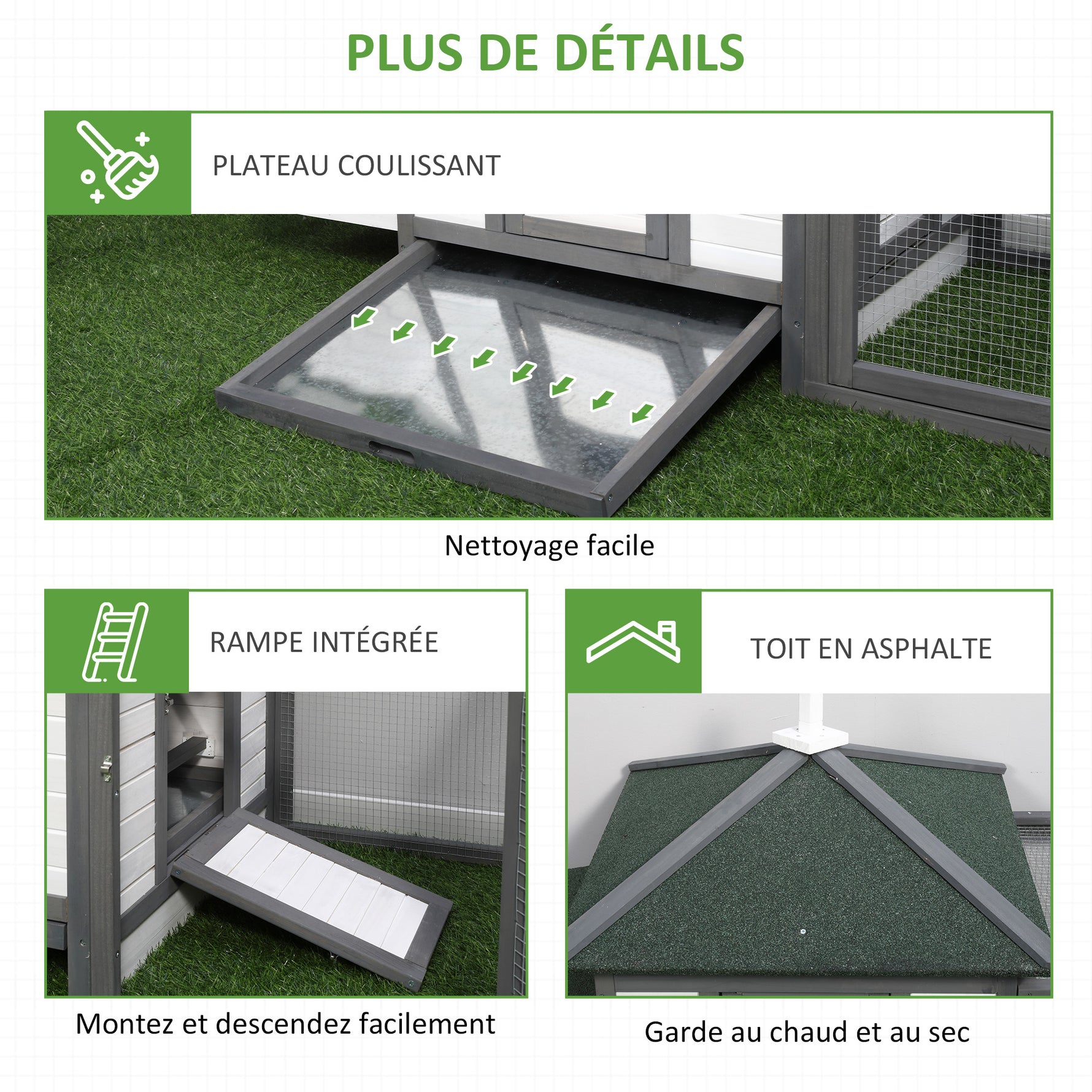 Poulailler cottage multi-équipement perchoir rampe pondoir enclos tiroir à déjection 196L x 76l x 97H cm bois massif pin gris blanc
