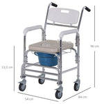 Chaise percée à roulettes - fauteuil roulant percé - chaise de douche - seau amovible, accoudoirs, repose-pied - acier chromé HDPE blanc