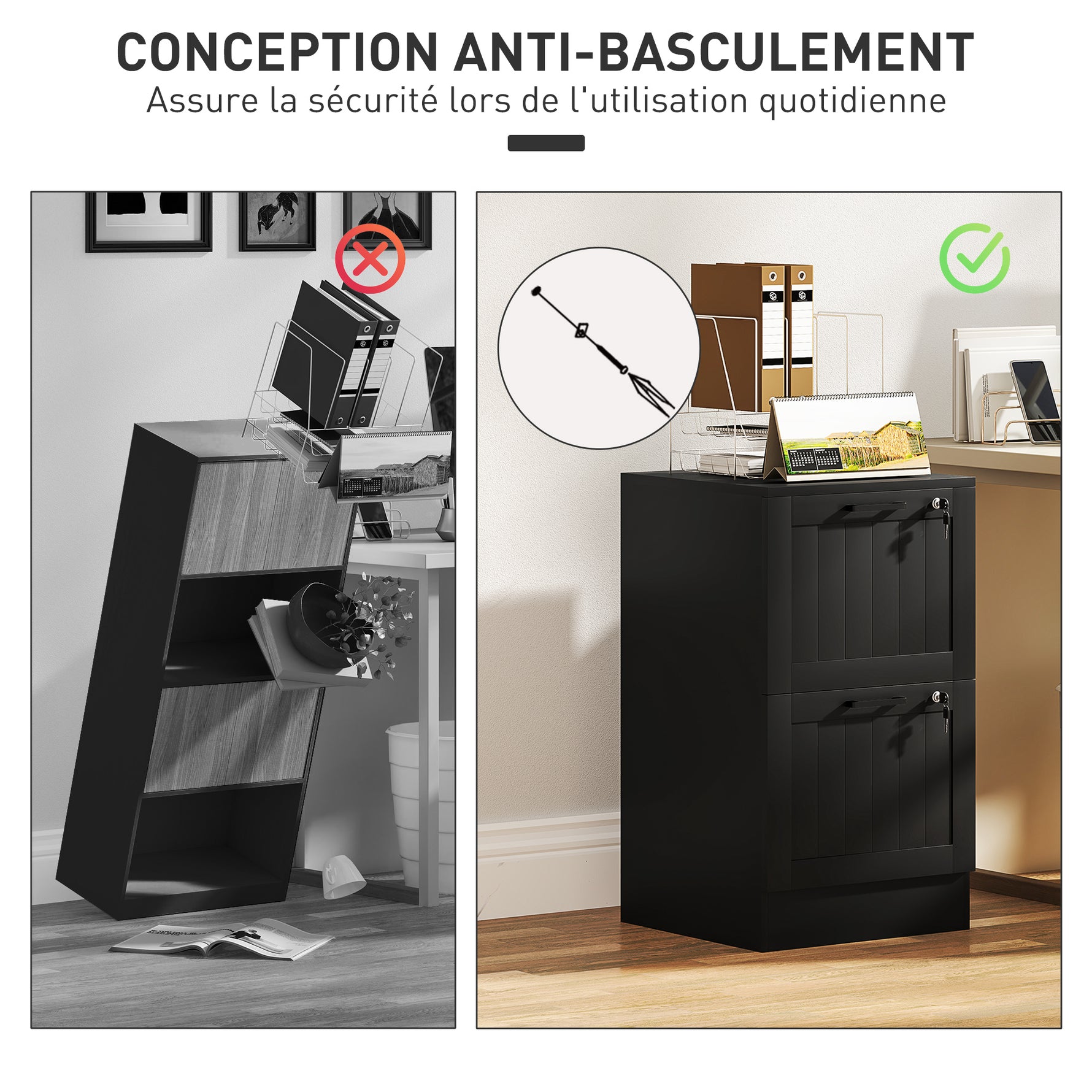 Caisson bureau, meuble rangement bois 2 tiroirs et serrure, barres de suspension réglables, 40 x 40 x 71 cm, noir
