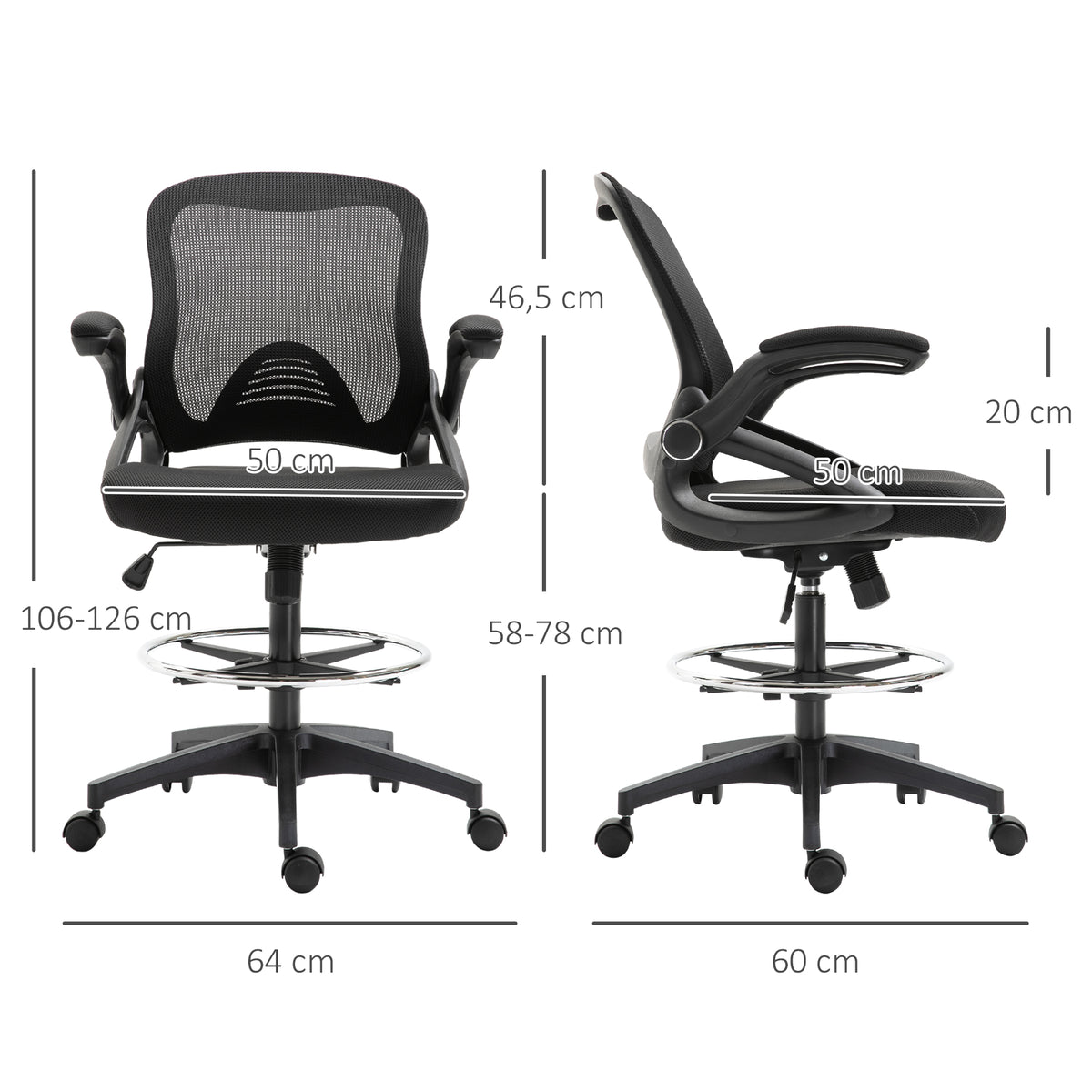 Lot de 2 fauteuils de bureau chaise de bureau assise haute réglable dim. 64L x 60l x 106-126H cm maille respirante noir