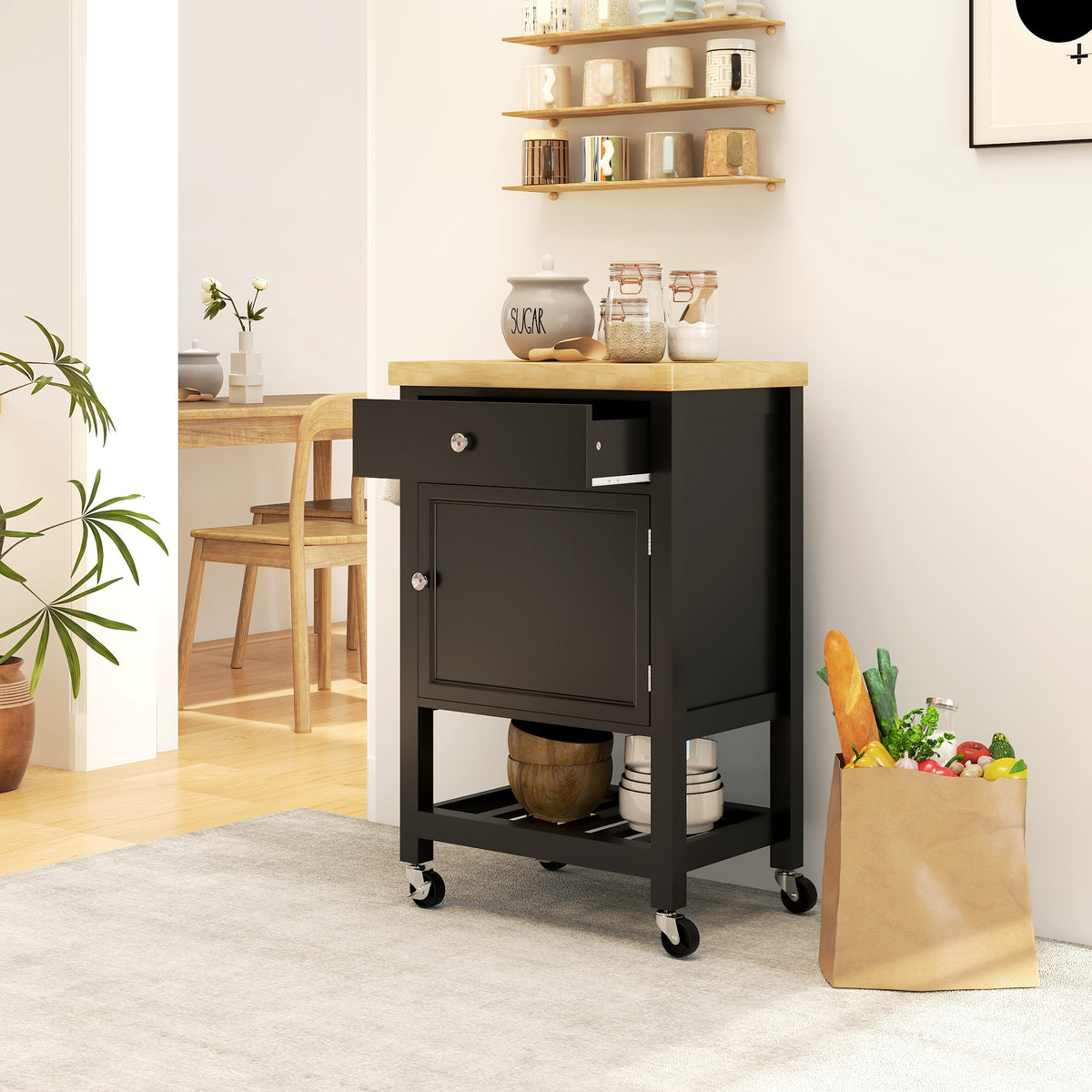 Carrello da cucina con ruote, carrello di servizio, piano di lavoro in legno di gomma, cassetto, 63,5 x 40 x 90 cm, nero