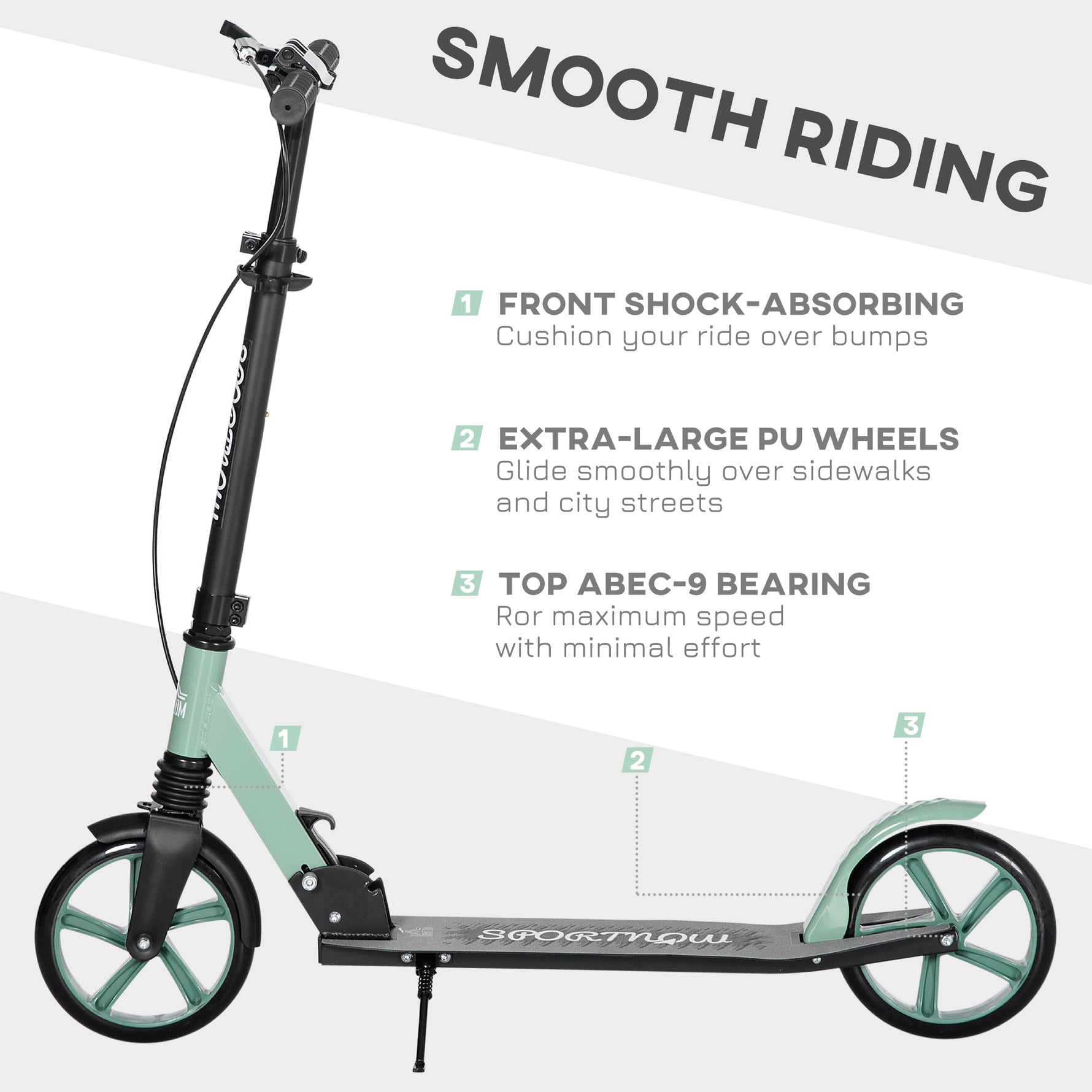 Trottinette pliable pour adultes +14 ans avec guidon réglable grandes roues de 20 cm amortisseur vert