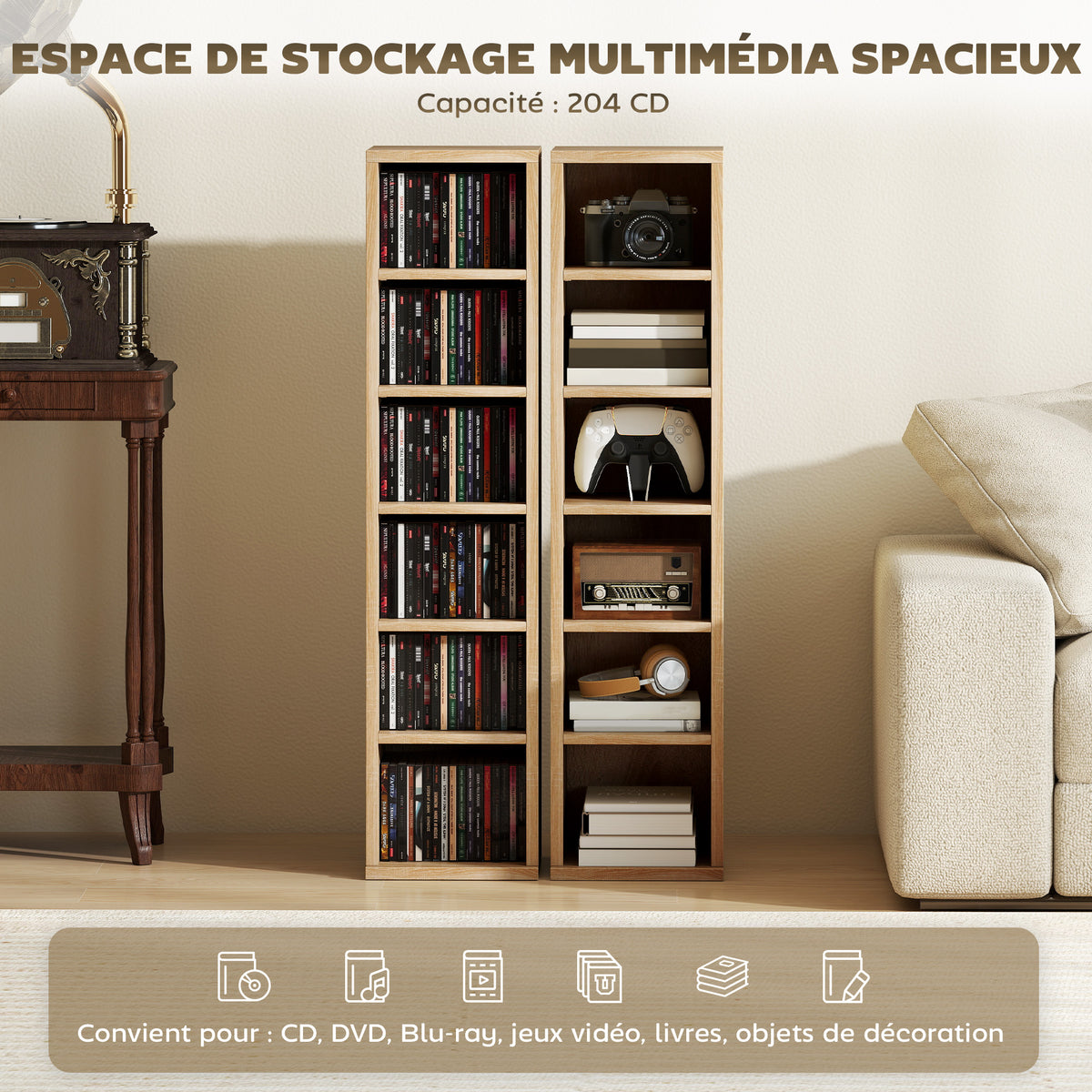 Lot de 2 étagères colonnes armoire de rangement CD-DVD 12 compartiments 21 x 22,5 x 88,5 cm capacité 204 CD chêne