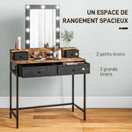 Coiffeuse table de maquillage miroir LED réglable intégré - pied en métal noir - 4 tiroirs en tissu - Aspect bois foncé