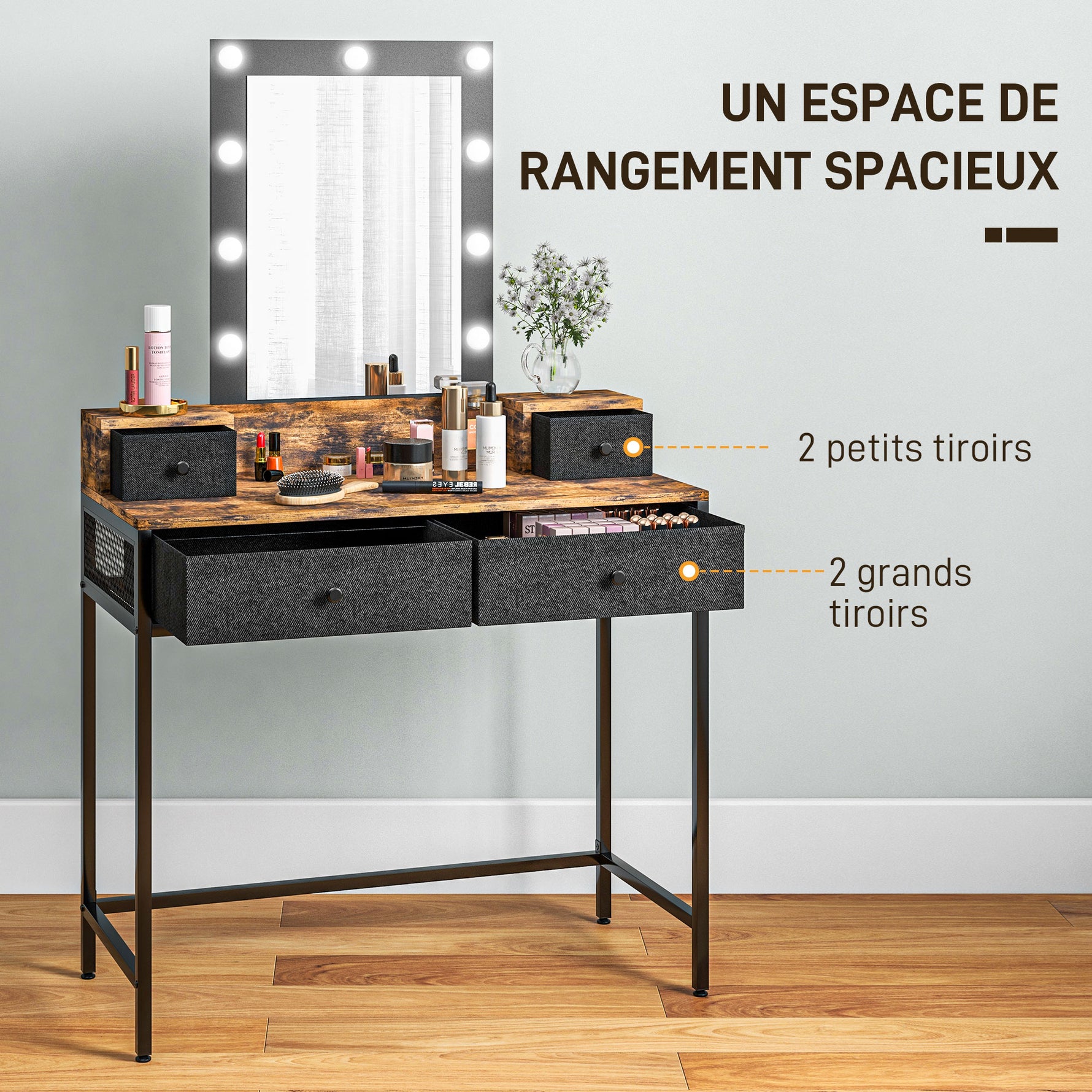 Coiffeuse table de maquillage miroir LED réglable intégré - pied en métal noir - 4 tiroirs en tissu - Aspect bois foncé