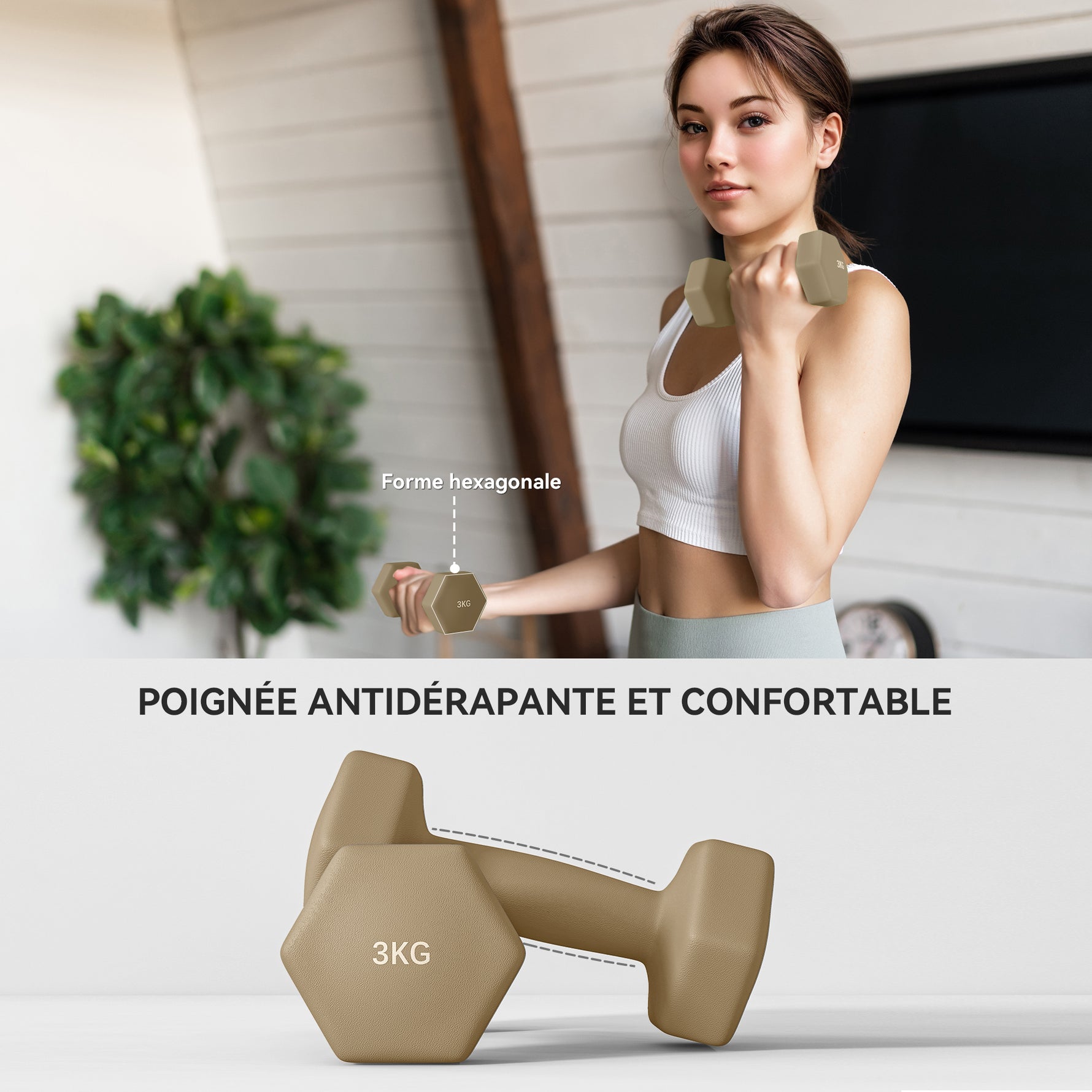 Ensemble d'haltères hexagonaux 12 kg avec mallette lot de 6 haltères revêtement en polyuréthane, en acier, multicolore