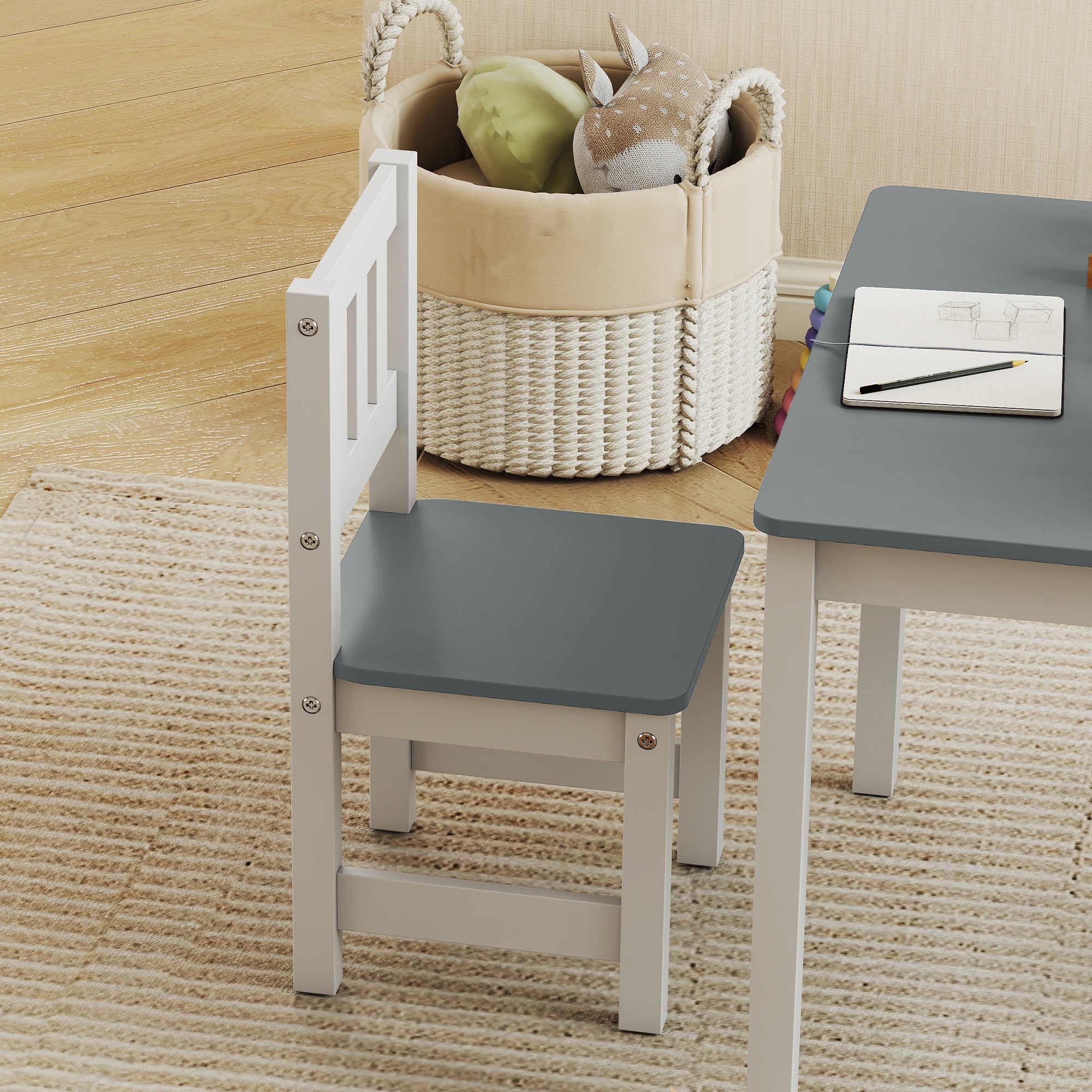 Table enfant avec chaise, lot table et 2 chaises enfant en bois pour dessiner, jouer, étudier, 56x52x48cm, gris