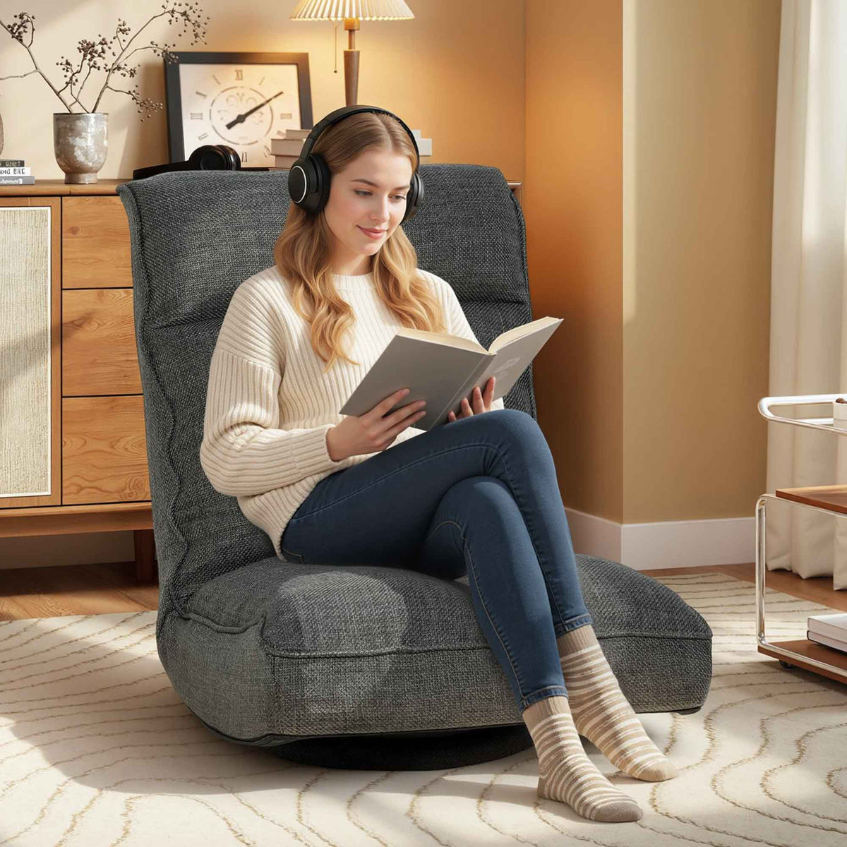 Fauteuil de sol pliable pivotant à 360°, chaise de sol rembourré avec dossier réglable en 5 positions, 58x107x79cm, gris