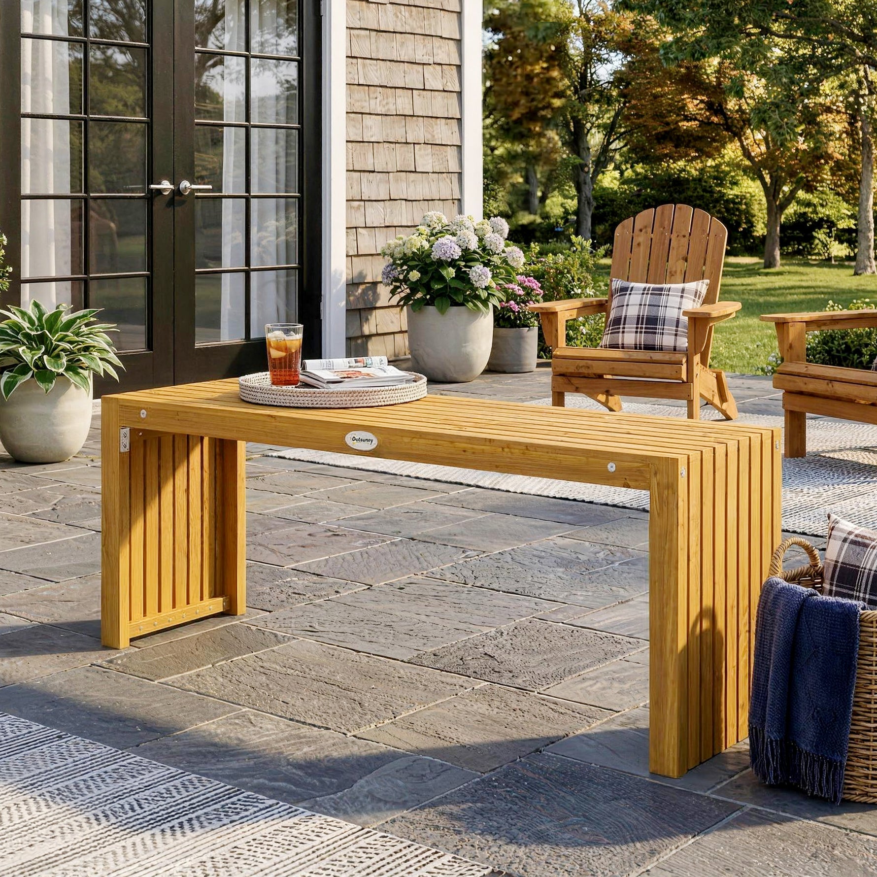 Banc de Jardin en Bois d'Acacia sans Dossier 2 Places, Assise à Lattes Effet Bois, 110x30x45cm, Bois naturel
