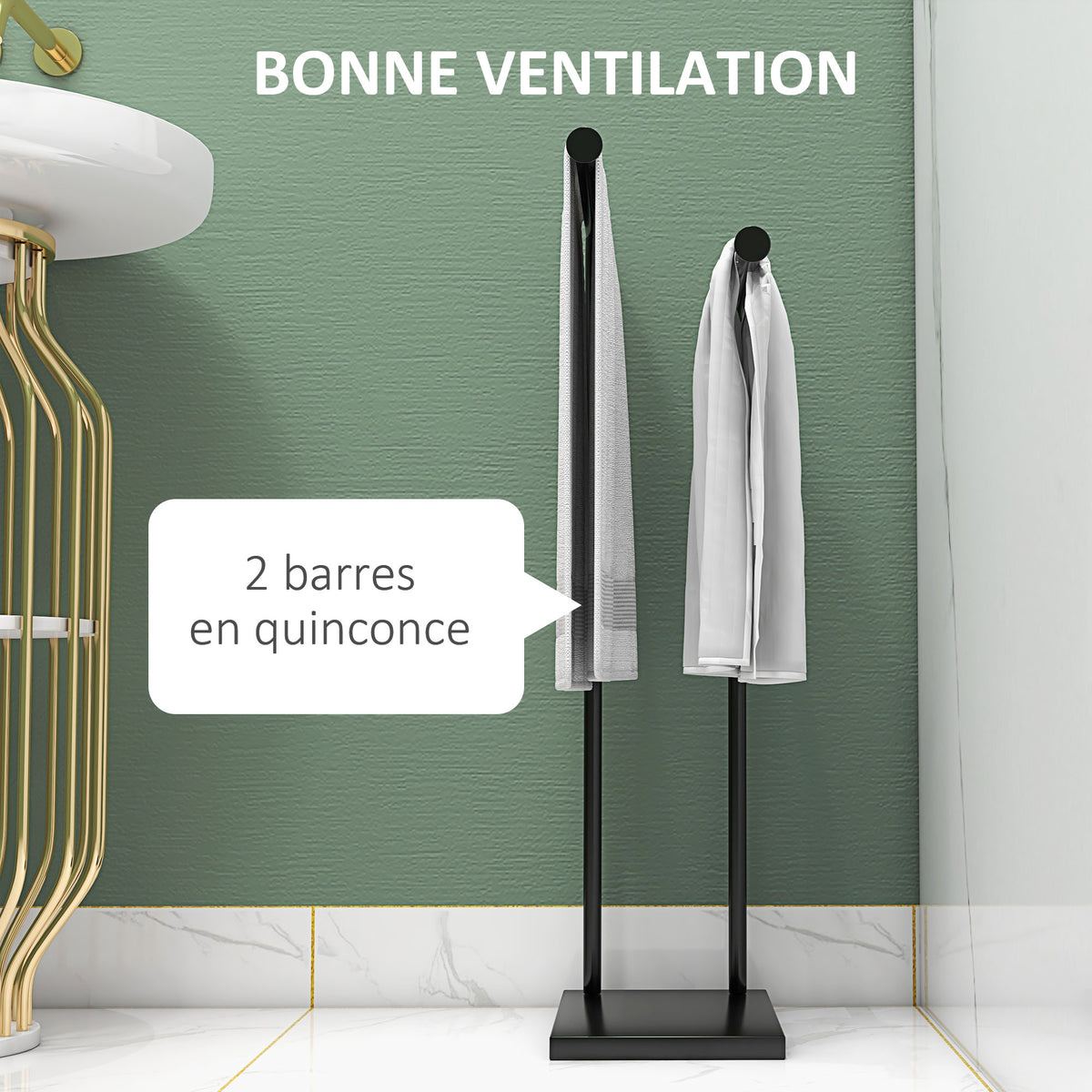 Porte-serviettes sur pied en acier avec 2 barres support pour serviette 35,5l x 20P x 78H cm - noir