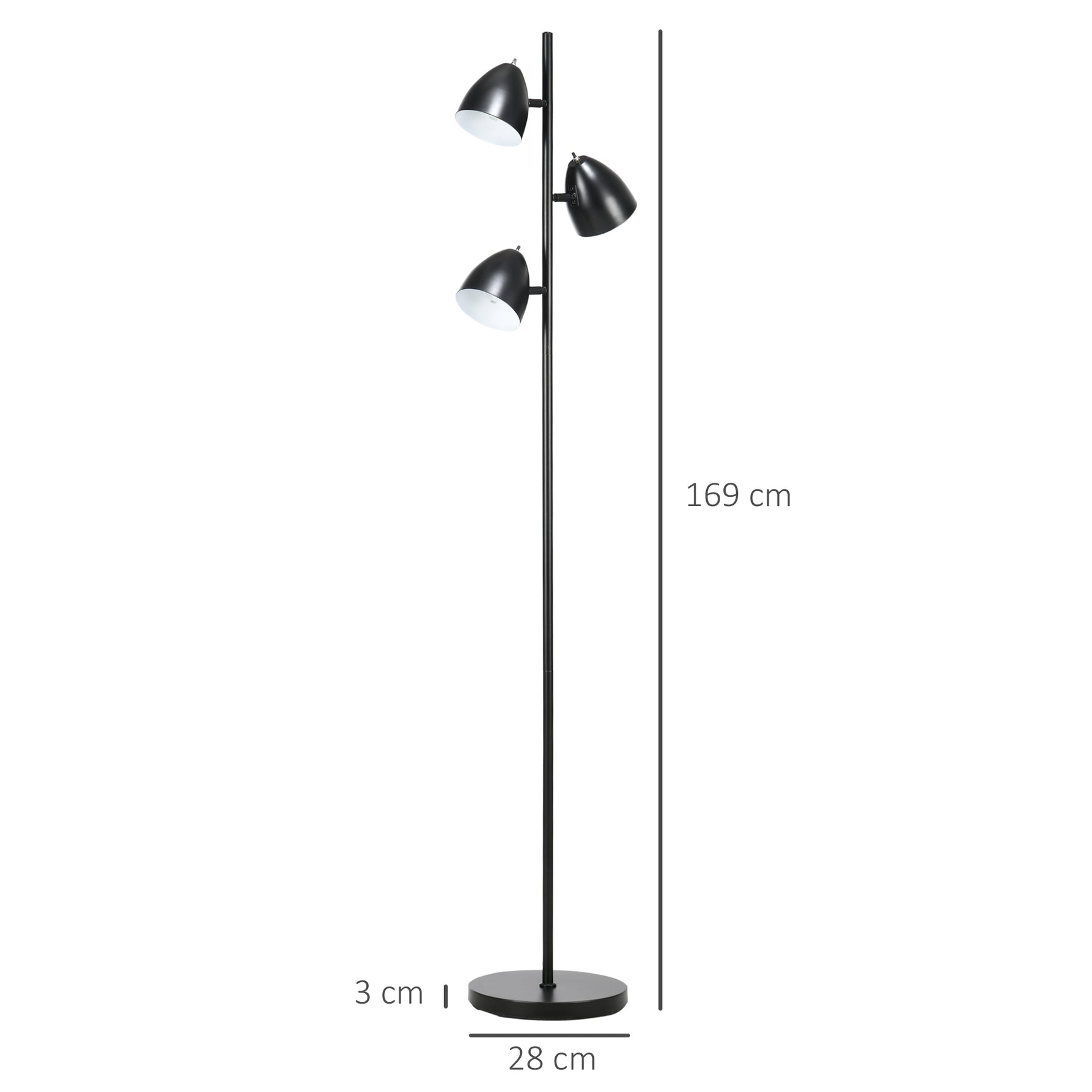 Lampadaire sur pied salon style industriel 3 abat-jours orientables en acier 38 x 28 x 169 cm noir