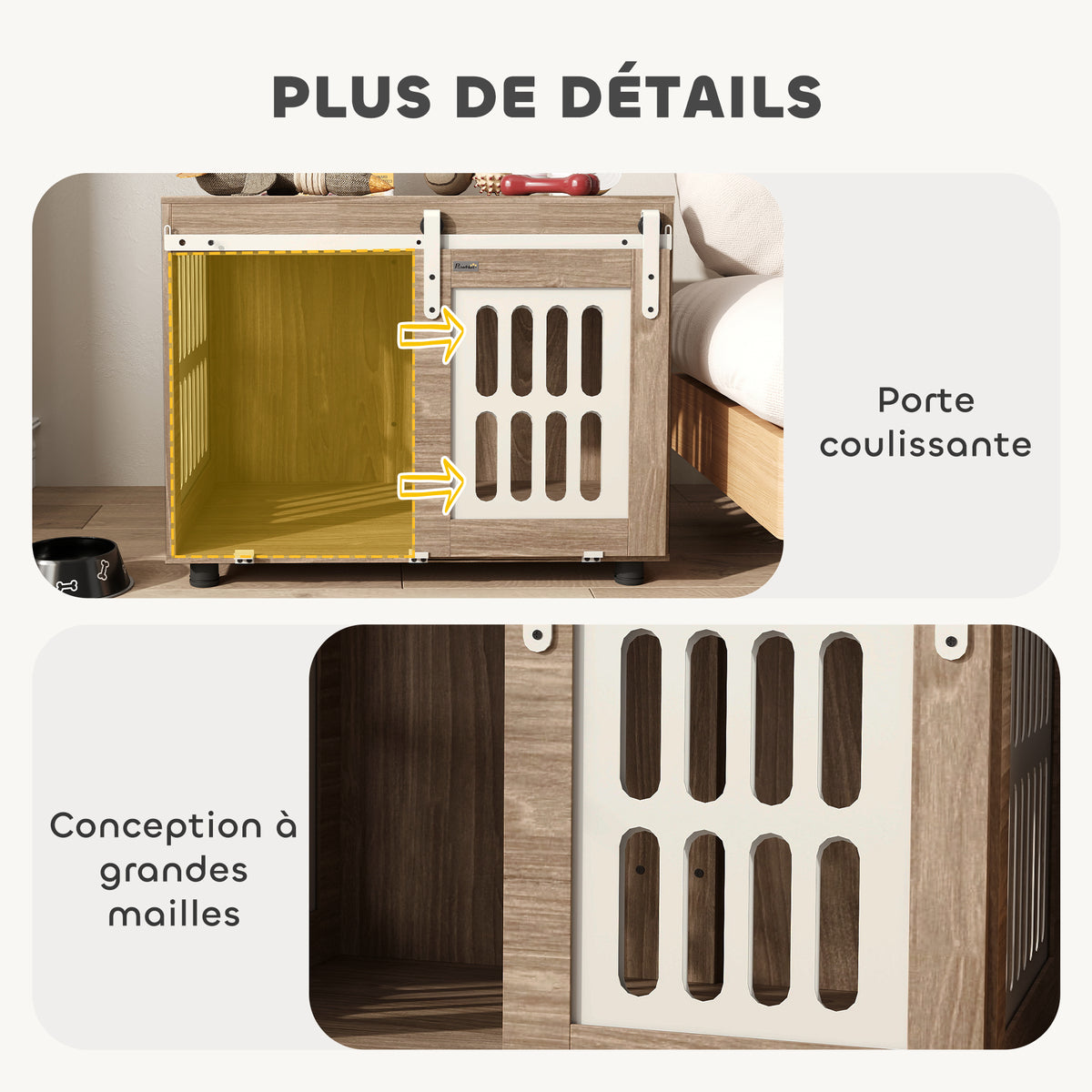 Meuble cage pour chien avec porte coulissante, maison pour chien de moyenne, table d'appoint, 80 x 59 x 63 cm, noyer