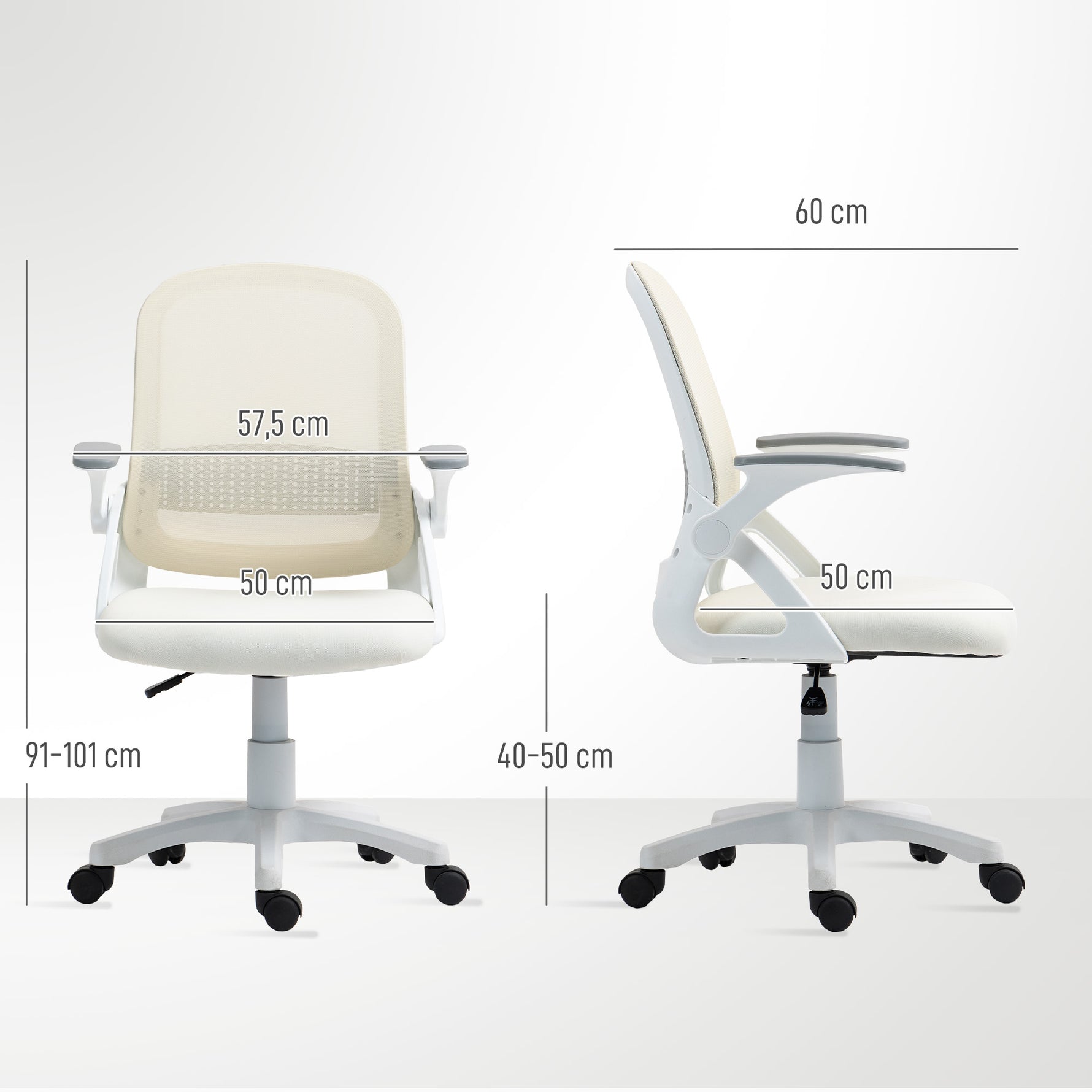 Chaise bureau ergonomique, fauteuil de bureau en maille avec accoudoirs relevables, hauteur réglable, blanc