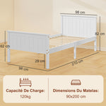Cadre de lit 90 x 200 cm, lit simple en bois massif avec sommier à lattes tête et pied inclus, assemblage facile, blanc