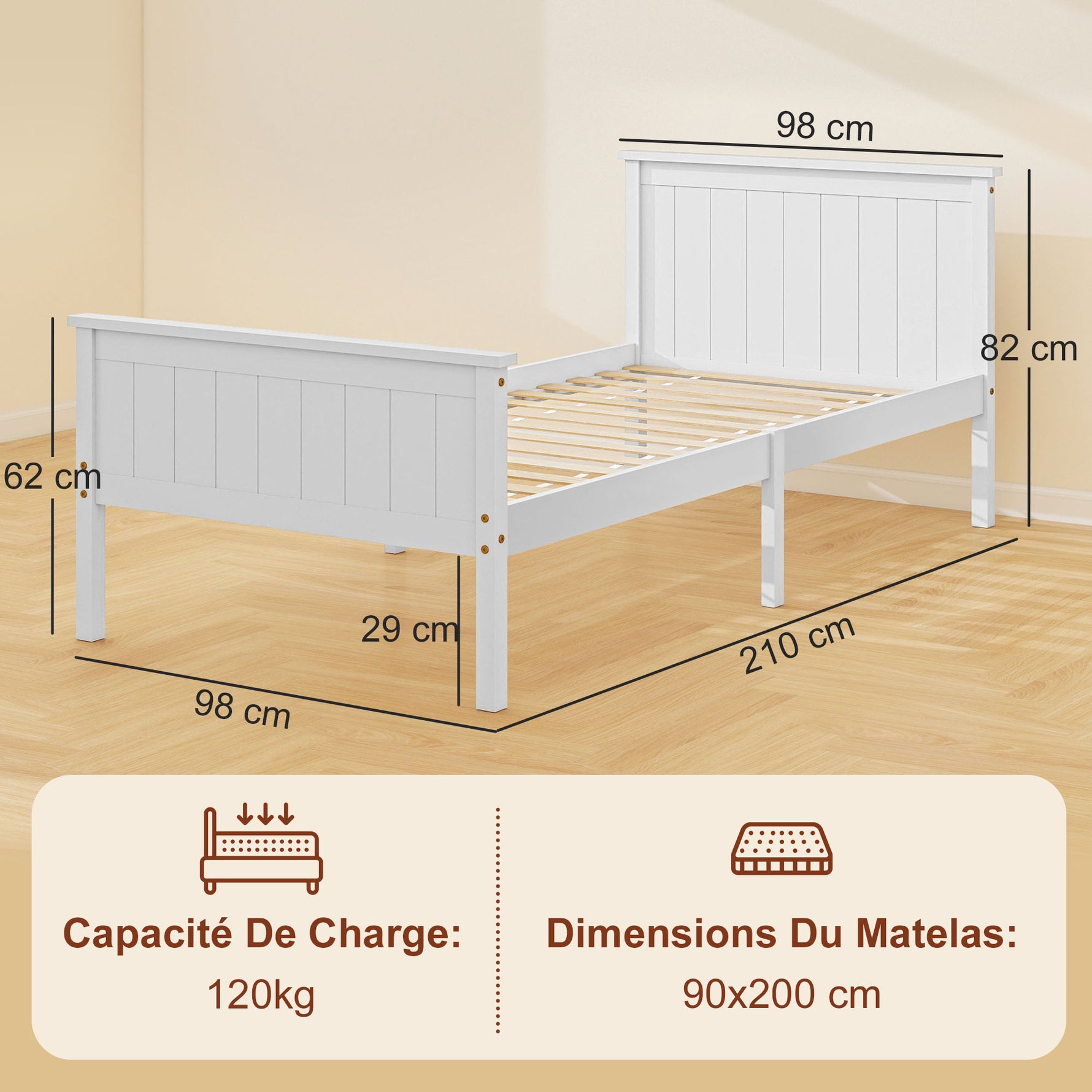 Cadre de lit 90 x 200 cm, lit simple en bois massif avec sommier à lattes tête et pied inclus, assemblage facile, blanc
