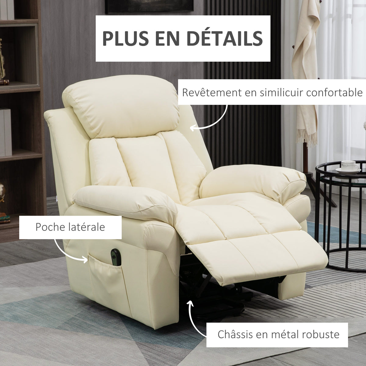 Sillón de relax eléctrico, sillón elevador reclinable con reposapiés ajustable, revestimiento sintético color crema