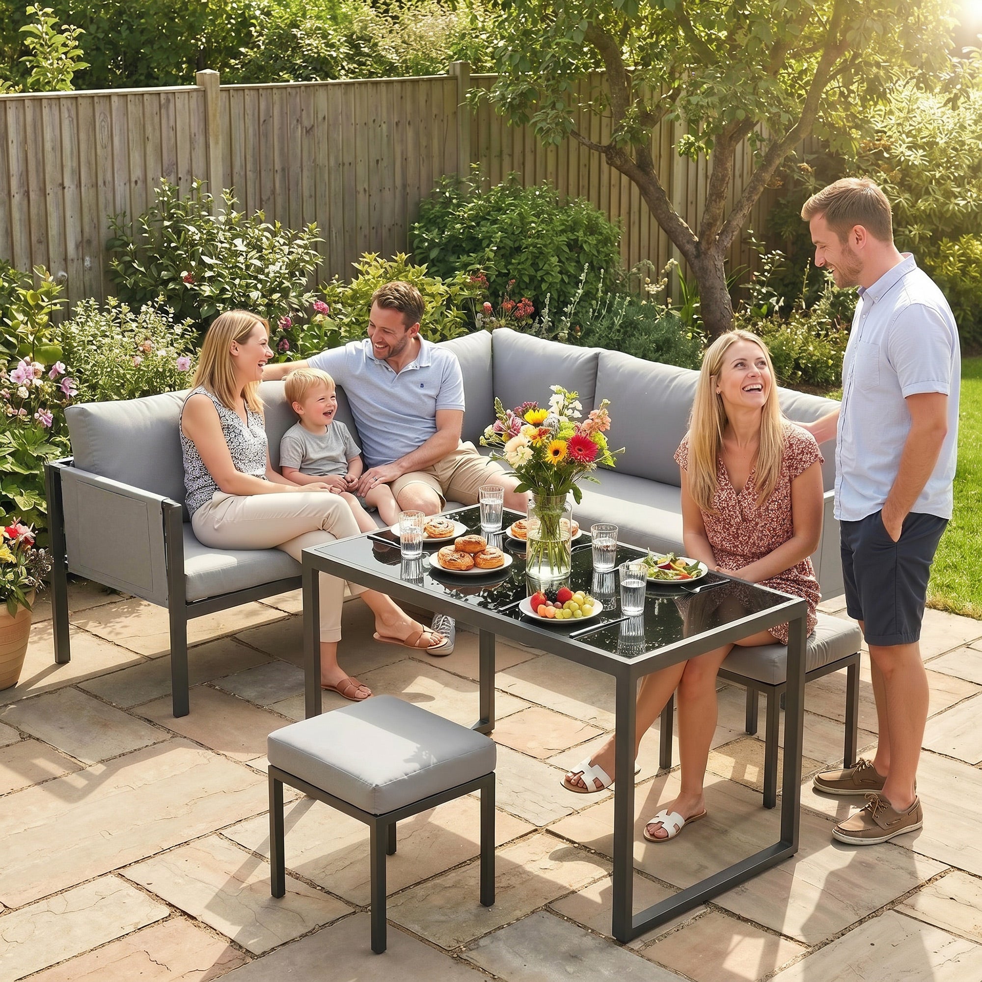 Salon de Jardin Canapé d'Angle Extérieur 6 Pièces Coussins 10cm Table Haute et 2 Repose-pieds Gris