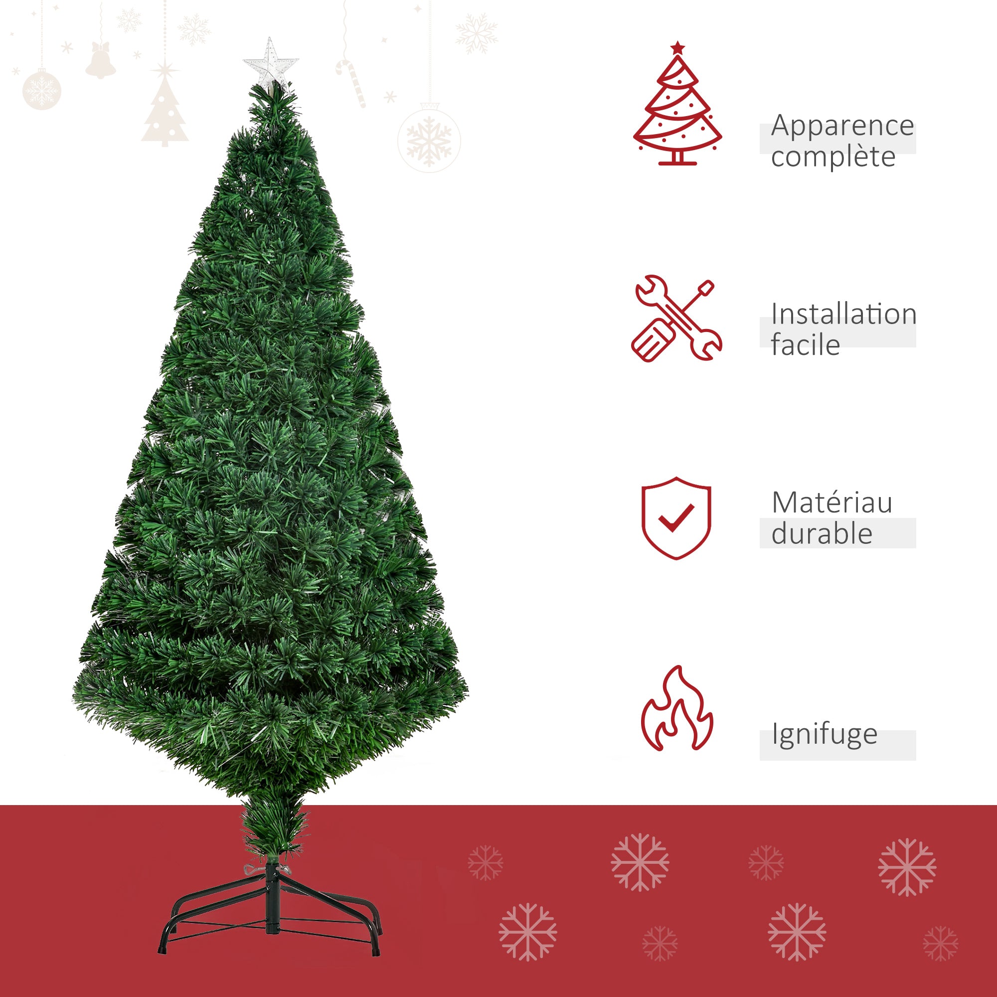 Künstlicher leuchtender Weihnachtsbaum 150 cm Höhe, mehrfarbige Glasfaser + Ständer, 180 Zweige, glänzender Stern an der Spitze, Grün