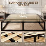 Cadre de Lit 140 x 190 cm avec Sommier, Lit Double avec Pochette de Rangement, Support à Lattes en Bois, Noir