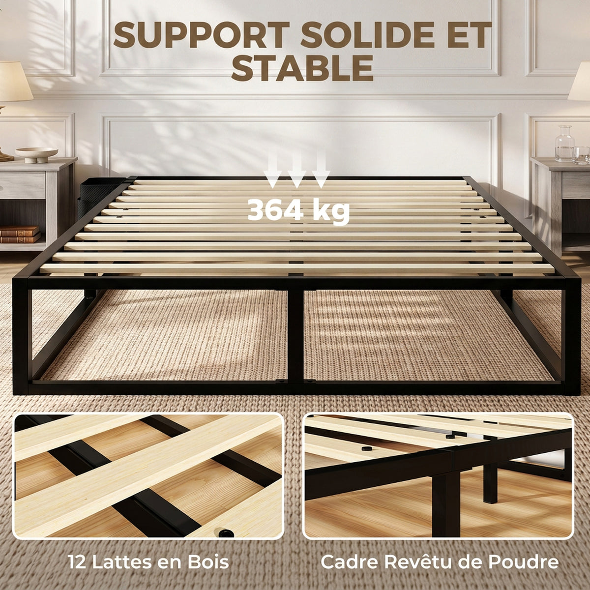 Cadre de Lit 140 x 190 cm avec Sommier, Lit Double avec Pochette de Rangement, Support à Lattes en Bois, Noir