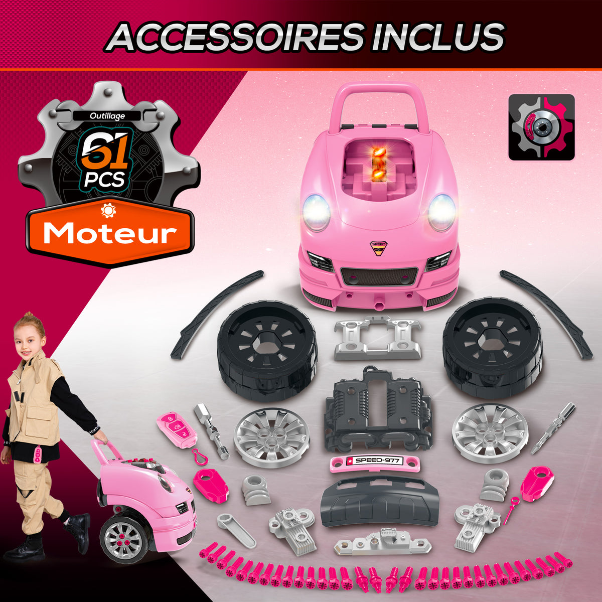 Camion mécano 2 en 1 jouet bricolage enfant jeu d'imitation mécanicien nombreux qccessoires total de 61 pièces rose