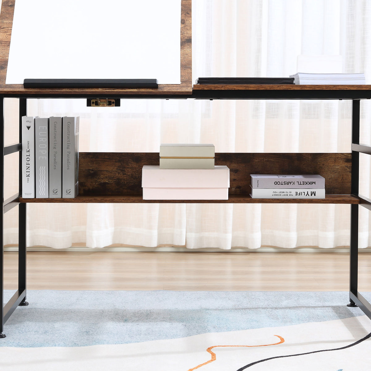 Table à dessin inclinable bureau informatique design industriel - plateau relevable, étagère - panneaux particules aspect vieux bois métal noir