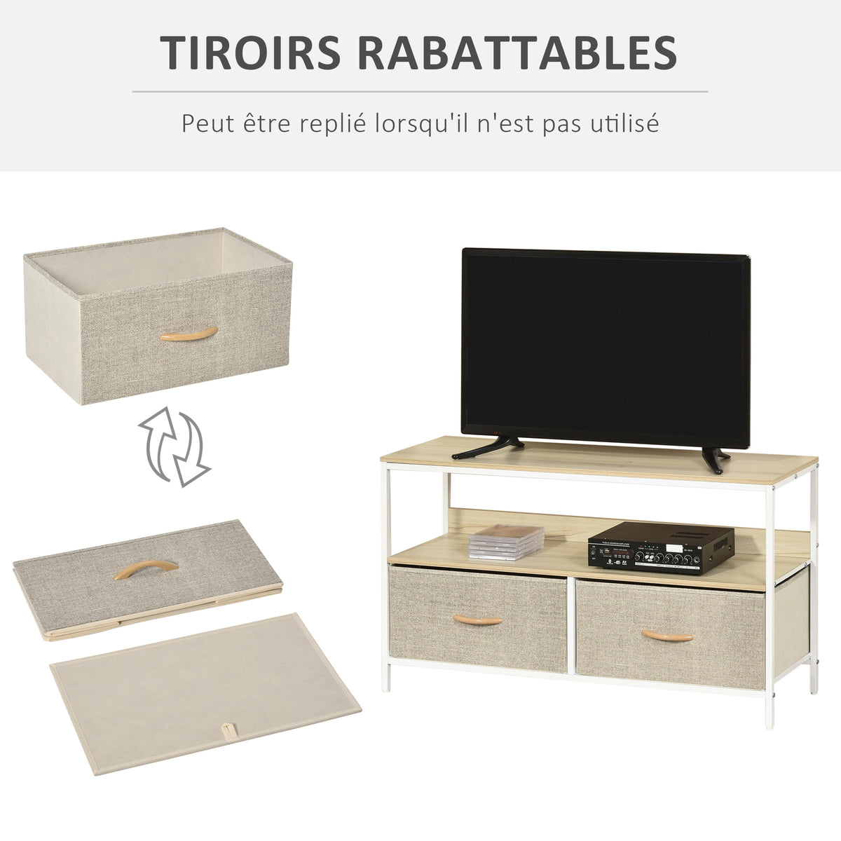 Meuble TV Bas sur Pieds Style Industriel 2 tiroirs en Tissu Gris Bois Naturel et métal Blanc