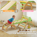 Triangle d'escalade enfants 8 en 1 avec rampe double face, arc d'escalade en bois avec toboggan & échelle, vert