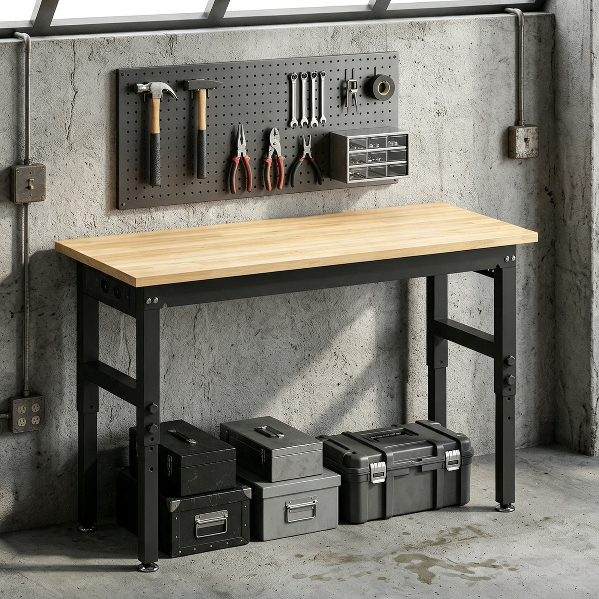 Établi d'Atelier Réglable, 121,9x50,8x79-99cm, Charge 900 kg, 2 Prises et 2 Ports USB, Panneau Perforé, Noir