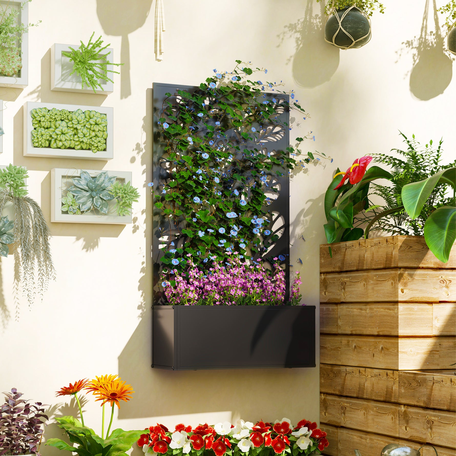 Jardinière avec brise-vue paravent treillis pour Plante Grimpante, bac à Fleurs - dim. 61L x 23l x 113H cm