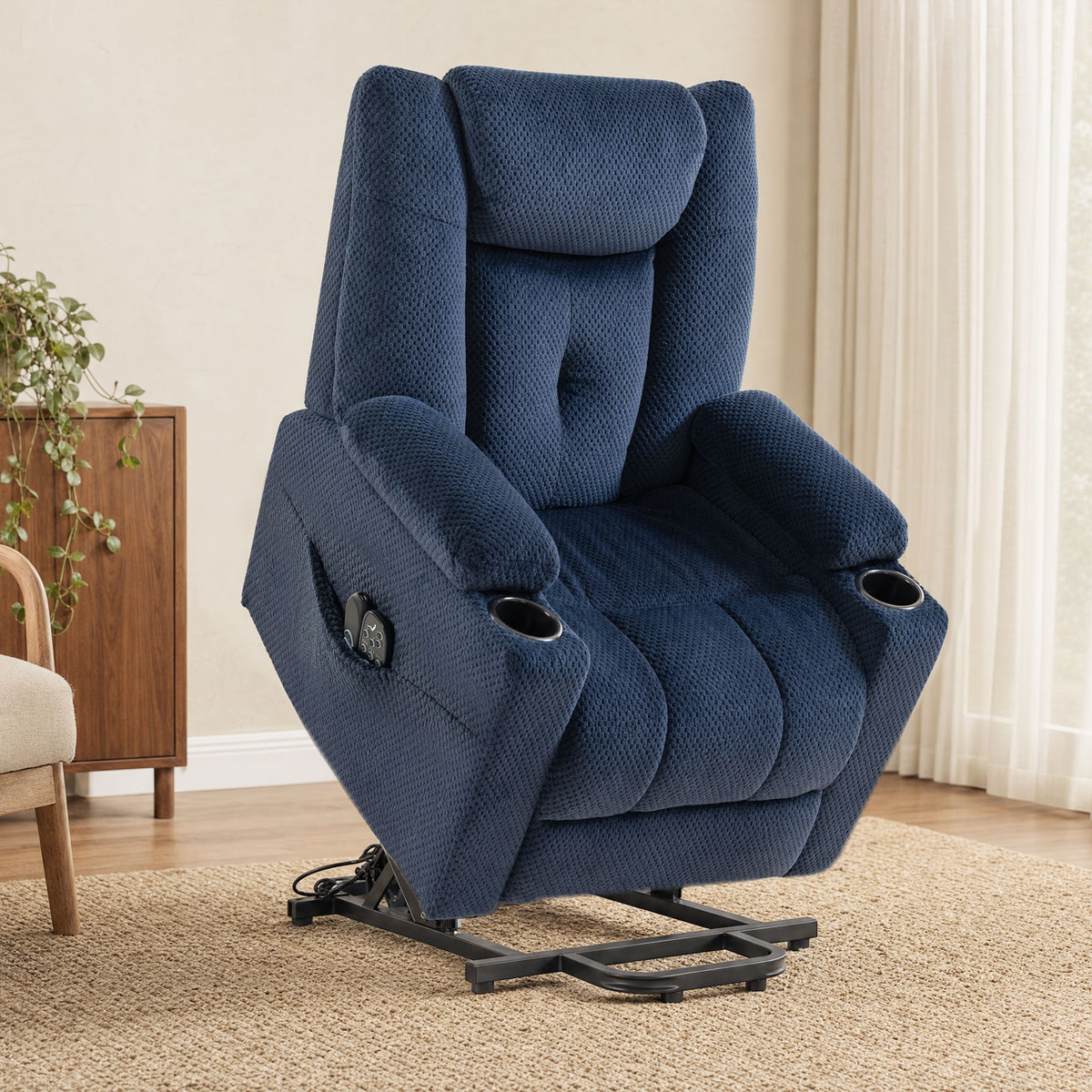 Fauteuil Releveur Électrique Massage Vibration et Chaleur, Fauteuil Relax Électrique en Velours, Dossier Inclinable Bleu