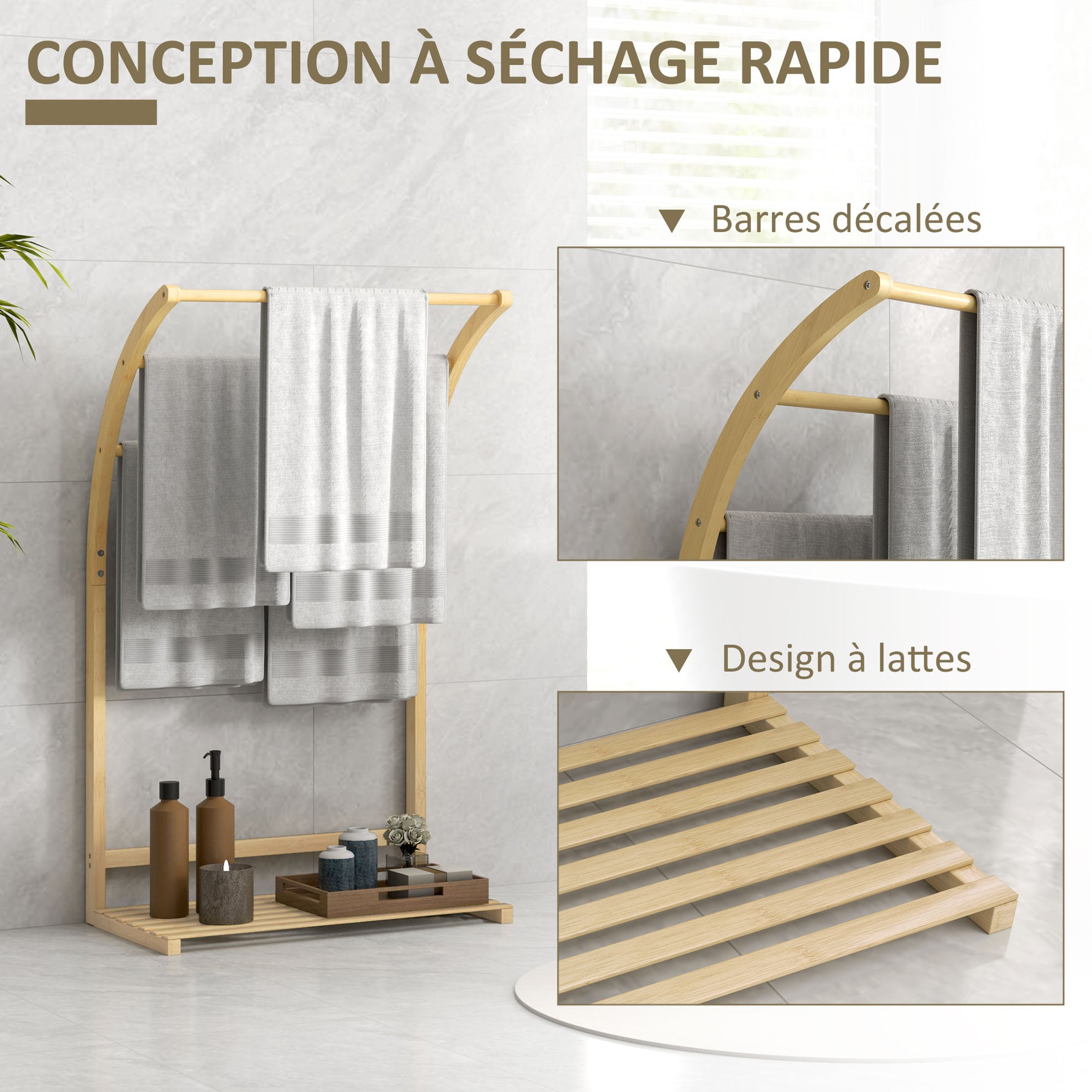 Porte-serviettes en bambou 3 barres avec étagère de rangement, pour la salle de bains et la buanderie, finition naturel