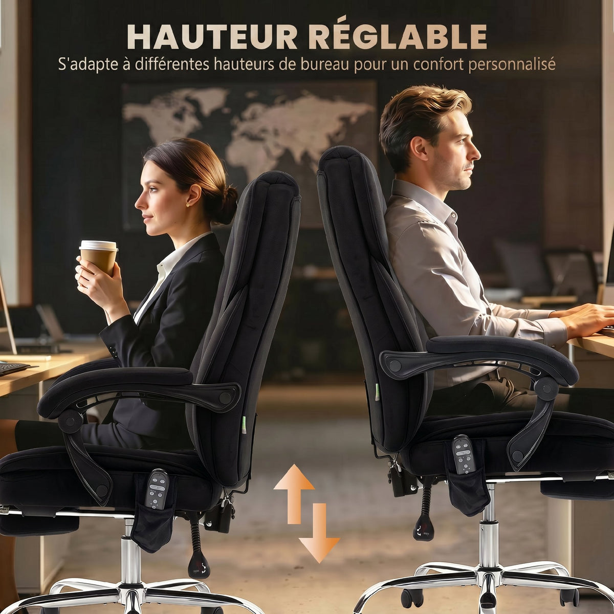 Massage and heating office chair, adjustable height, reclining backrest, remote control, retractable footrest, black