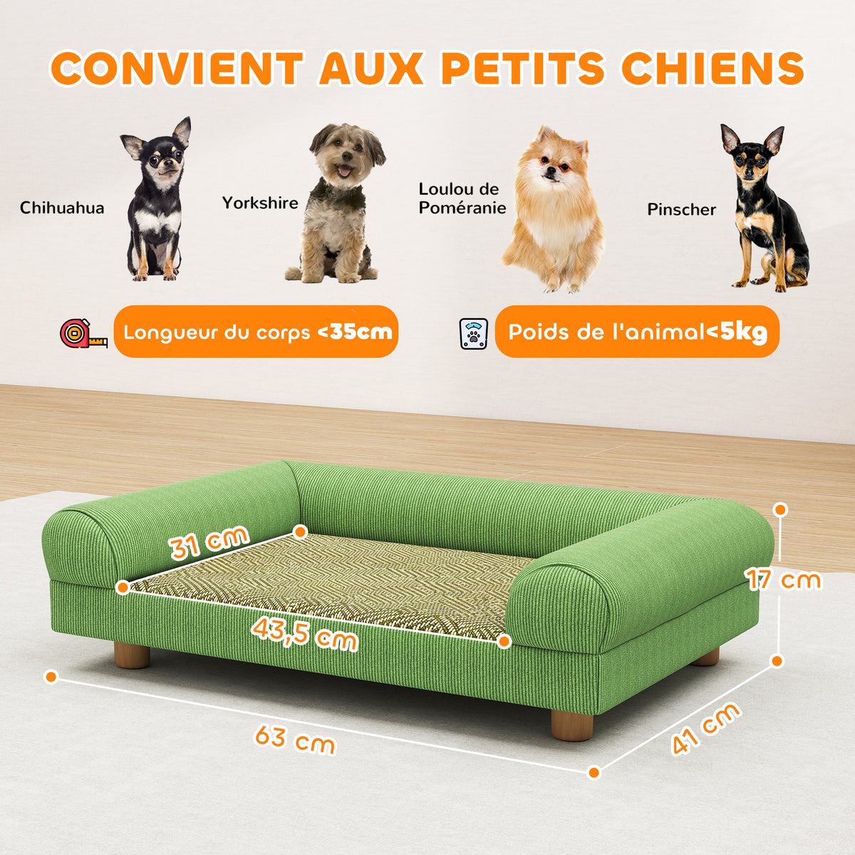 Hunde- und Katzenschlafsofa, erhöhtes Hundebett, kühlende Matte, Armlehnen, aus weichem Samt 63 x 41 x 17 cm, Grün