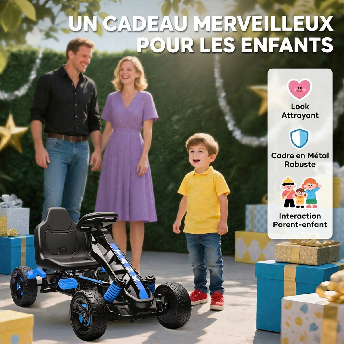 Kart à pédales pour enfants, karting enfant 3 à 6 ans avec roue libre, frein, roues EVA antidérapantes, bleu