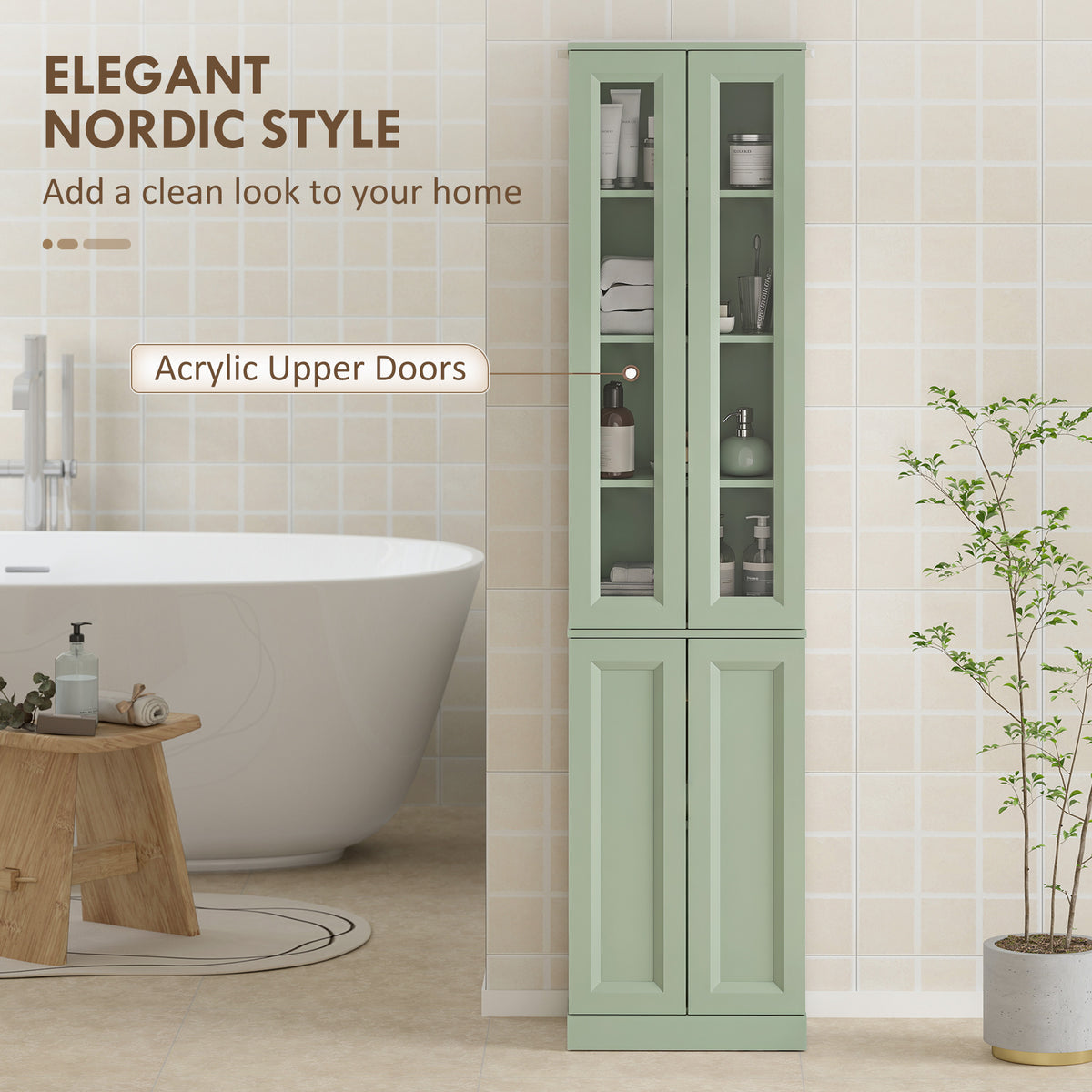 Meuble de Salle de Bain 6 niveaux, Meuble de Rangement avec 4 Portes à Fermeture Douce et Étagères Réglables, Vert