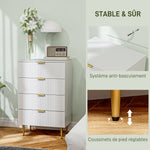 Commode 4 tiroirs commode chambre meuble de rangement moderne avec poignées et pieds dorés, dim. 60 x 40 x 96 cm, blanc