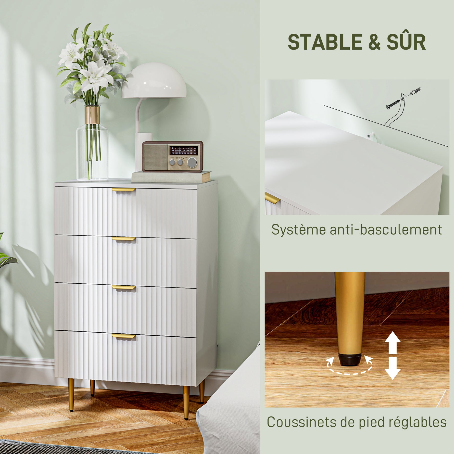 Commode 4 tiroirs commode chambre meuble de rangement moderne avec poignées et pieds dorés, dim. 60 x 40 x 96 cm, blanc