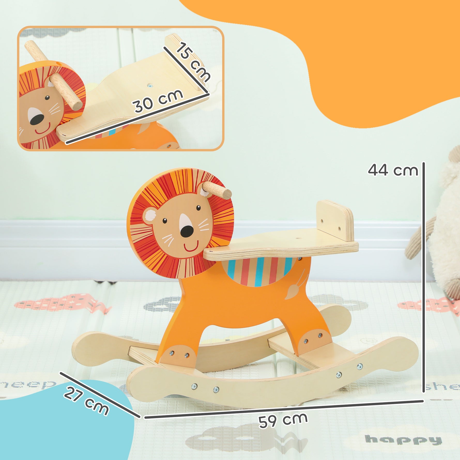 Cheval à bascule pour enfants, lion jouet à bascule bébé en bois avec guidon et base stable, 59 x 27 x 43 cm, orange