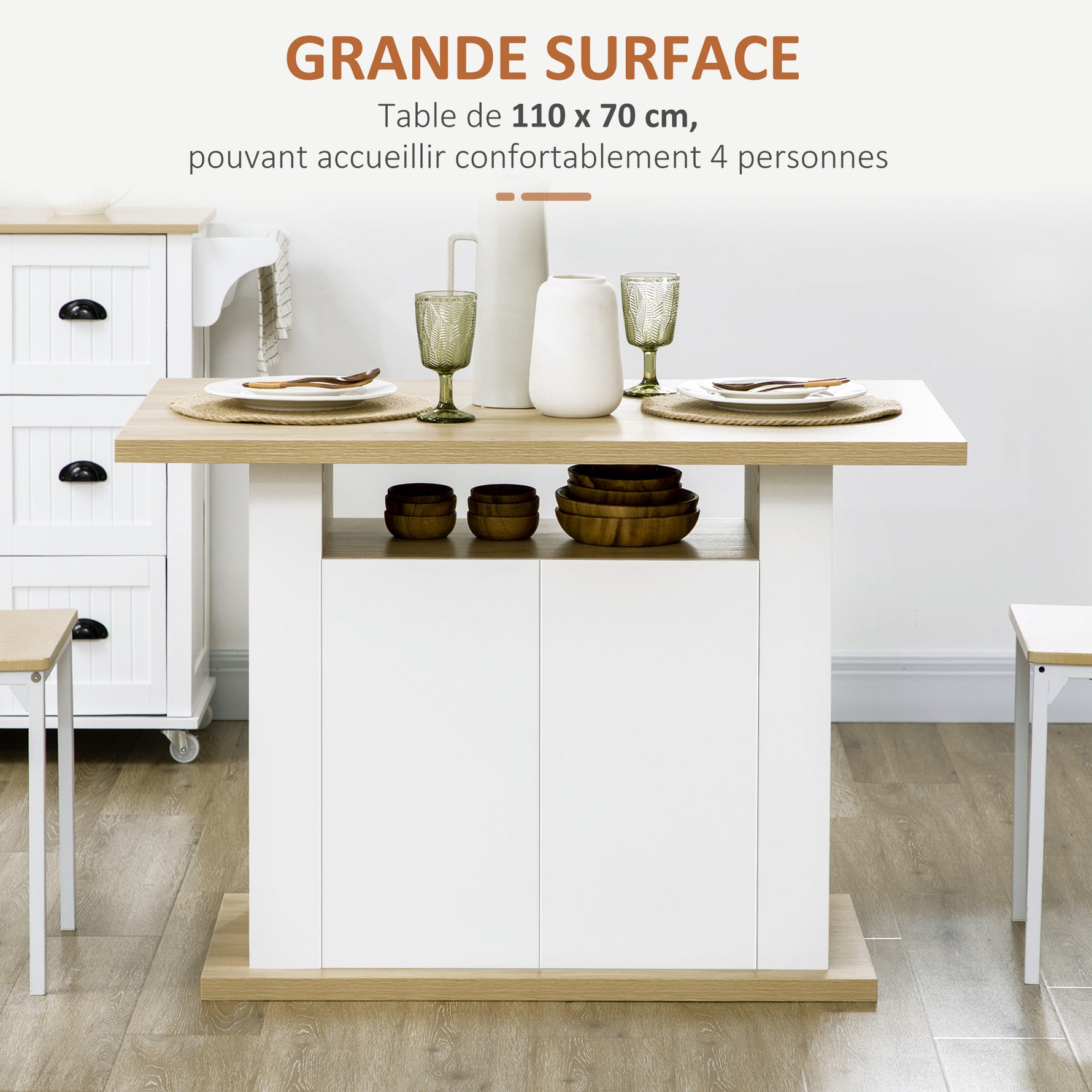Ilot central cuisine table avec grand plan de travail 4 personnes - dim. 110L x 70l x 75,5H cm