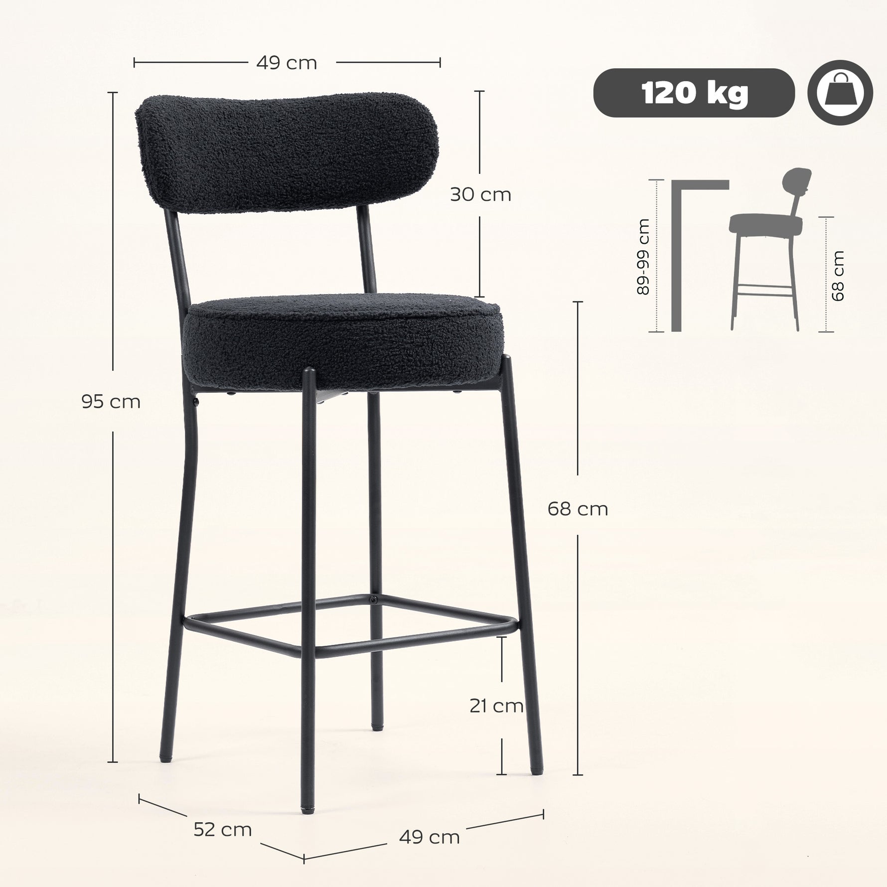 Lot de 2 tabourets de bar en tissu bouclette, chaises de bar avec dossier courbé, repose-pieds, 49x52x95cm, noir