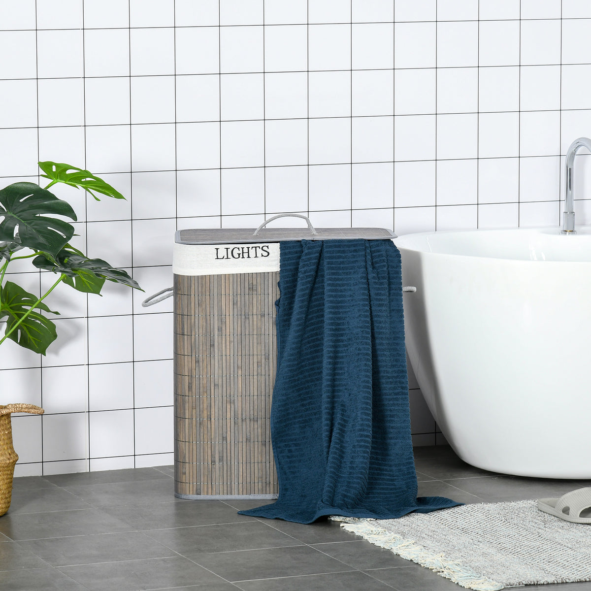 Panier à linge 100L avec 2 bacs bambou pliable couvercle poignée avec Sac amovible et lavable gris