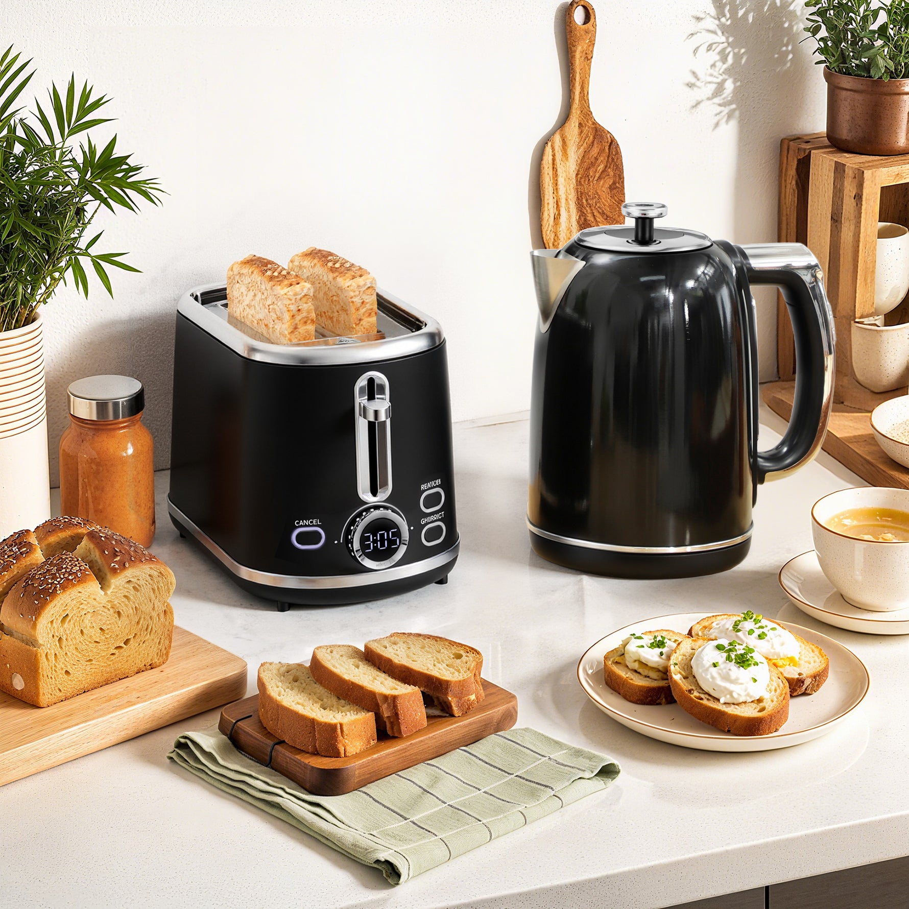 Ensemble bouilloire et grille-pain, bouilloire en acier inoxydable 1,7 L et 2200 W et grille-pain à 2 tranches, noir