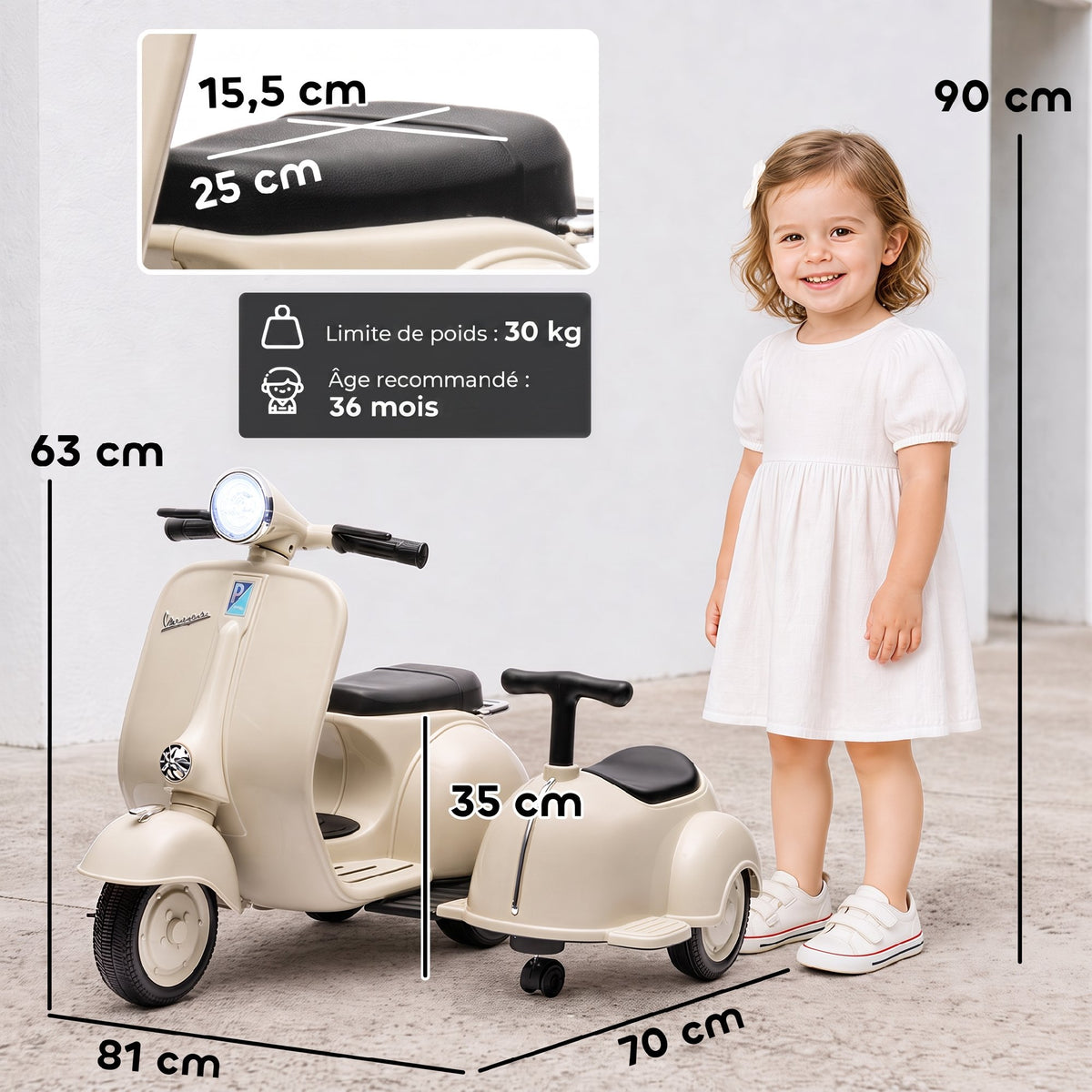 Elektrisches Kinder-Motorrad VESPA lizenziert 6V 2-Sitzer, Geschwindigkeit 3-5 km/h, Sanftanlauf, Creme
