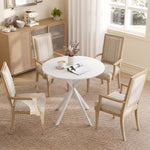 Ronde eettafel voor 2 personen met blad in houtlook en gekruist stalen onderstel, wit