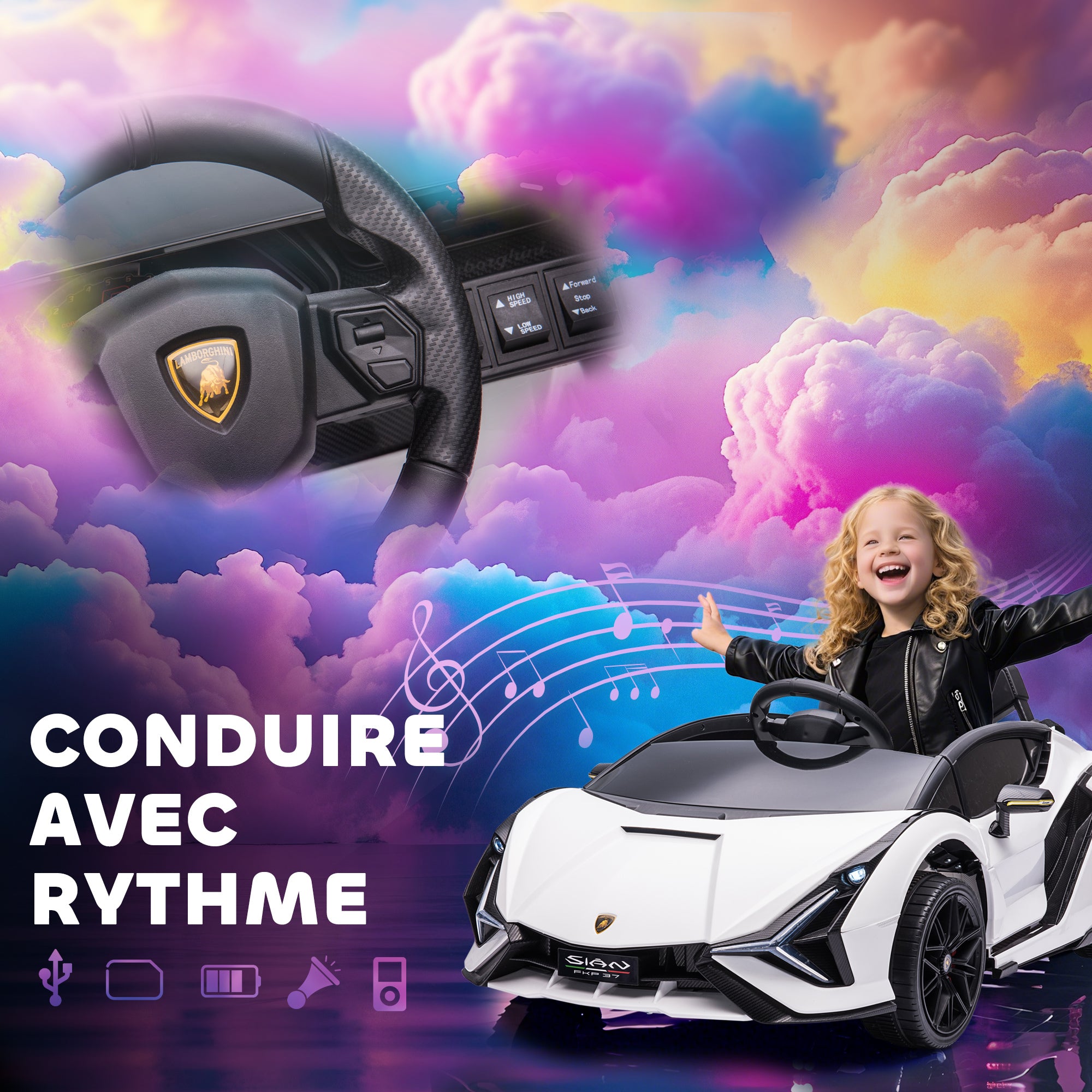 Elektroauto für Kinder Sportwagen Lamborghini Sian 12 V – V. max. 5 km/h mit 2,4-GHz-Fernbedienung Sound- + Lichteffekte Weiß