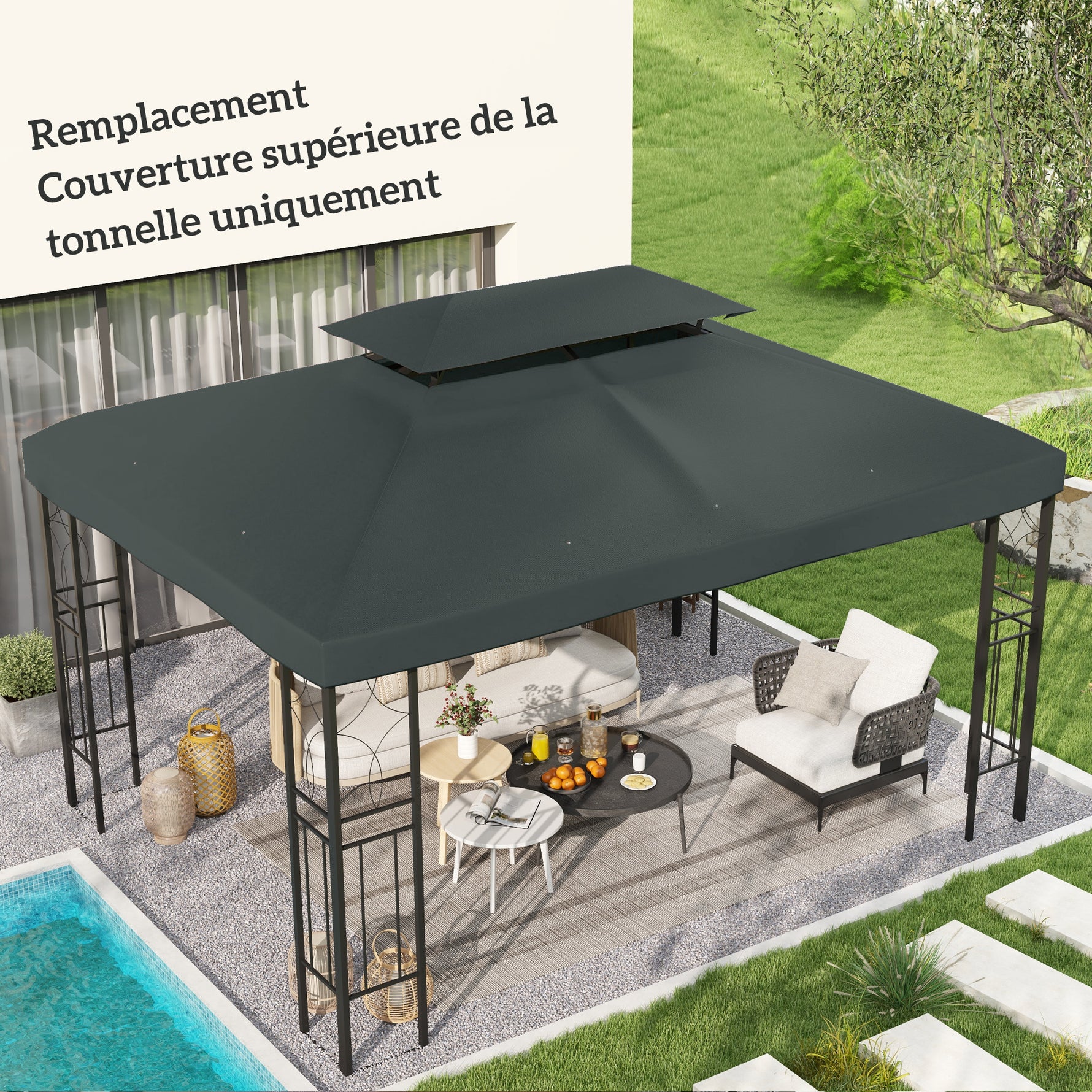 Toile de rechange pour pavillon tonnelle tente 3 x 4 m polyester haute densité 180 g/m² gris